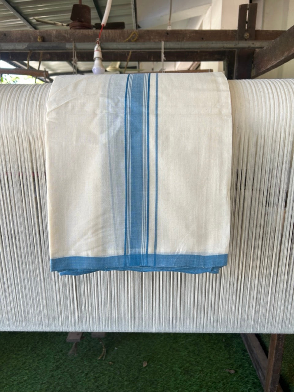 PREMIUM HANDLOOM-20% DISCOUNT! KaithariKada Cotton OFF White - 100x80 thread- NORTH INDIAN ATTACHED GAMCHA - 9X5 & 10X6 muzham Dhoti - 1.5 inch Blue Border - 5KK5223VEL