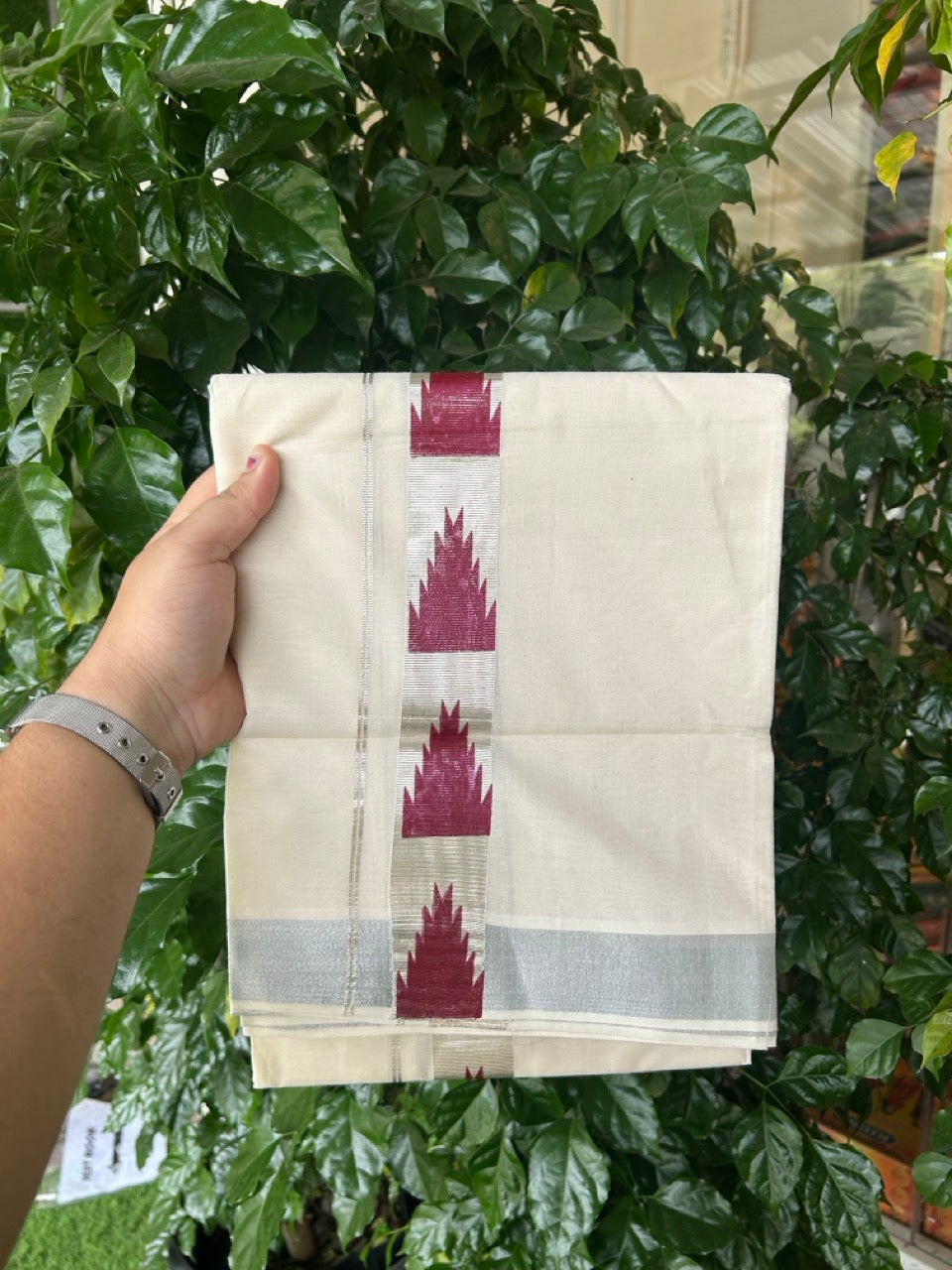KaithariKada 100% Cotton Double 4 meter Off white - (Ubleached) Mundu / Dhoti - 100x80 1.5 inch Silver Kasavu & Maroon Temple Printed - 5 KK5262 MUT