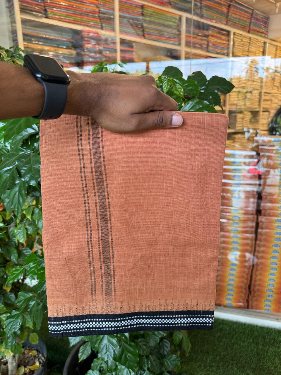 Premium Kathar Type Kavi Mund Pure cotton - Kaitharikada - Single Kaily / Lungi - 1.25 inch Black Kara kuppadam Border with Kavi colour body (2 meter / 4 muzham)- 5 KK8031 MUT