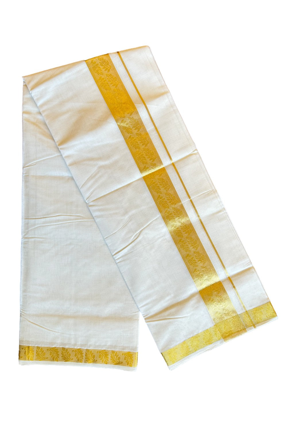 30% DISCOUNT!! KaithariKada HANDLOOM UNAKKUPAAV Balaramapuram - 100% PURE Cotton OFF White (Unbleached) Double Mundu/Dothi - 2.75 Inch Kasavu Leaf designer Kara - 5KK456KK