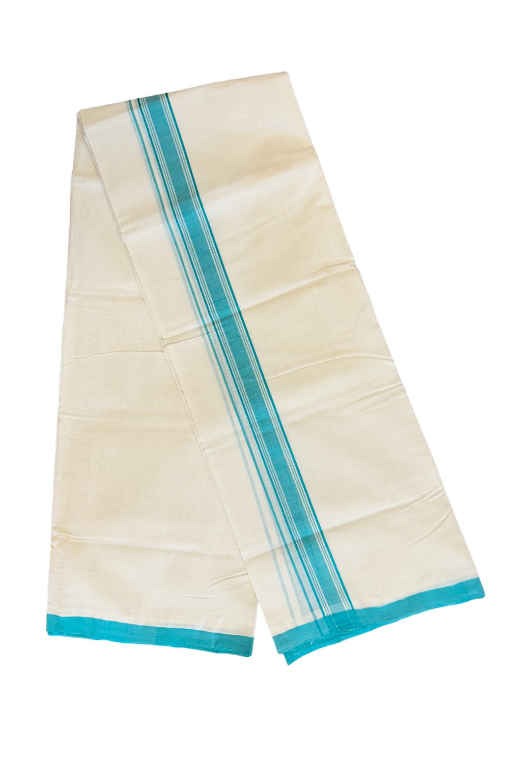 30% DISCOUNT! KaithariKada BALARAMAPURAM HANDLOOM Millpaav - 100% PURE Cotton 100x100 Double Mundu/Dhoti OFF WHITE - (Unbleached) Turquoise blue & white Stripes Kara 3.70 m (8 Muzham) - 5KK469VEL