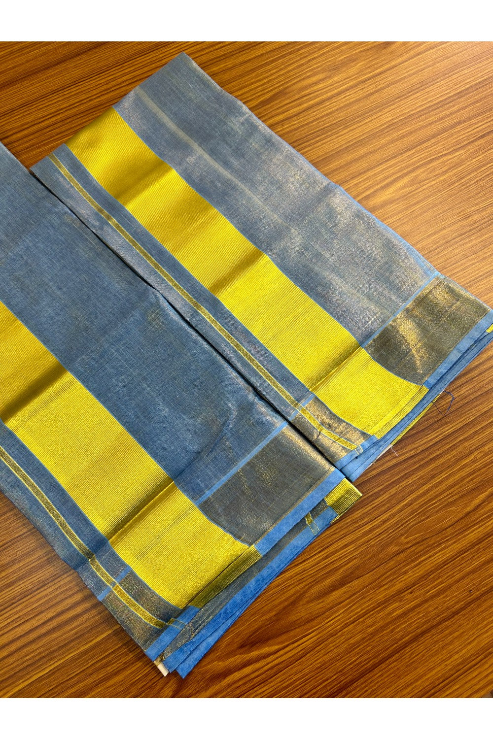 36% Discount!! KaithariKada - Kerala Tissue Single Set Mundu - Tie & Dye Half Blue Colour Design - Kasavu Big Kara - 5KK491MUR
