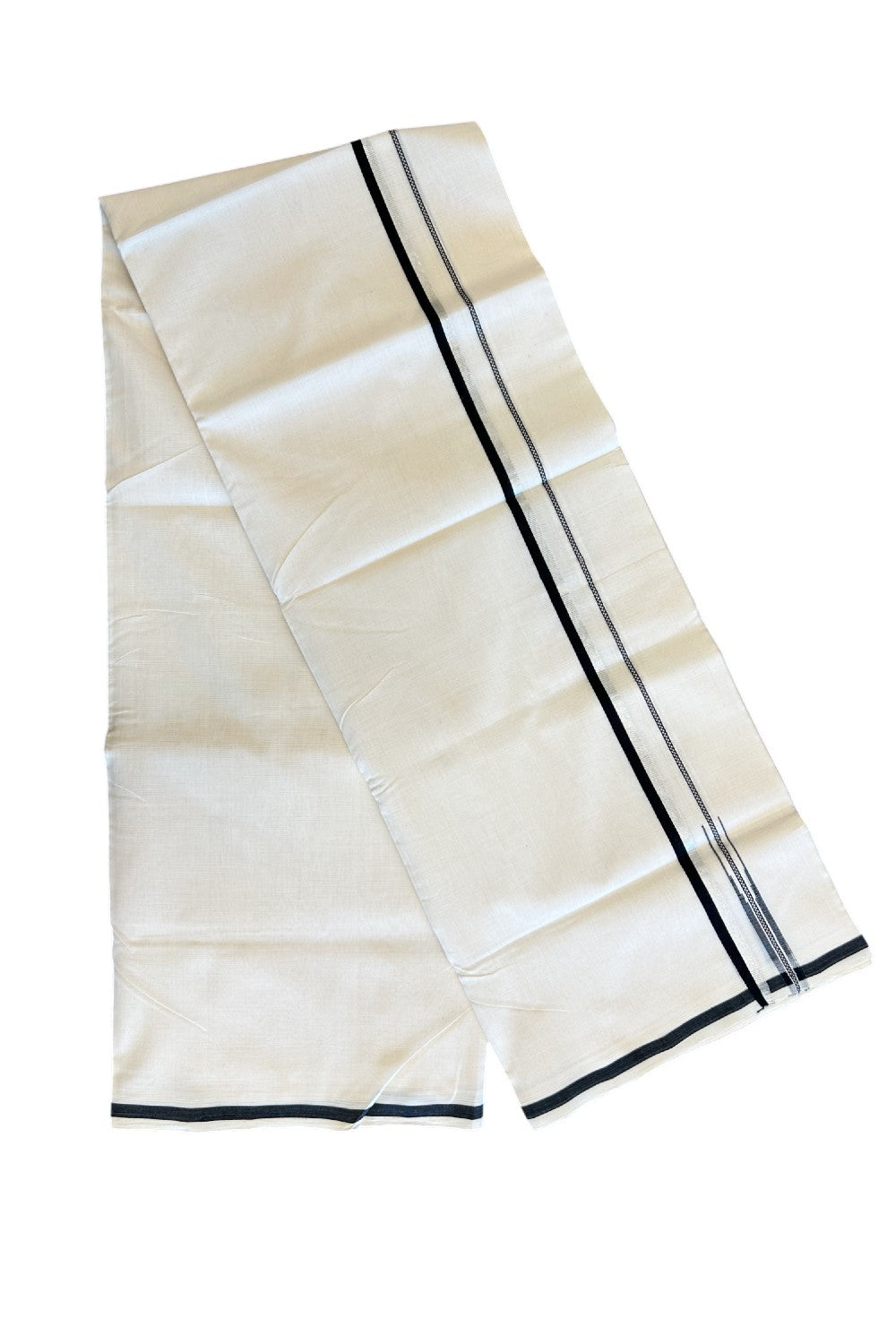 26% Discount!!! KaithariKada HANDLOOM UNAKKUPAAV Balaramapuram - 100% PURE Cotton off white - (Unbleached) Double Mundu/Dhoti - 0.5 inch Silver kasavu & Black puliyilakkara chutty - 5KK5020RAM