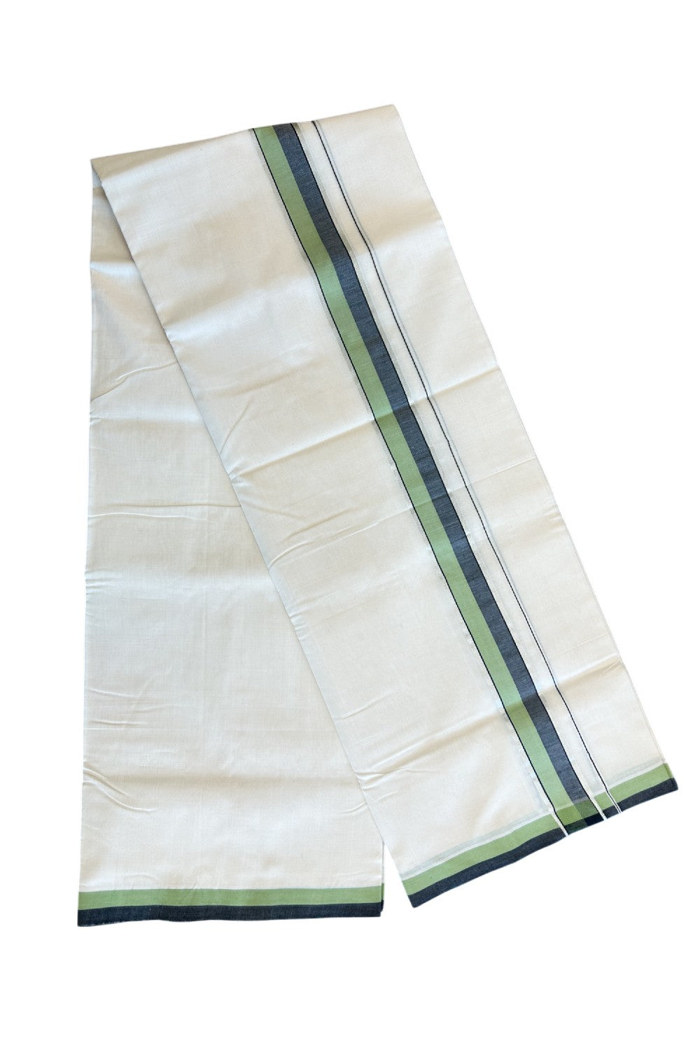 25% Discount KaithariKada HANDLOOM Unakkupaav Balaramapuram - 100% PURE Cotton off white (Unbleached) Double Mundu/Dhoti - 2.inch Silver Kasavu Green & Black-155