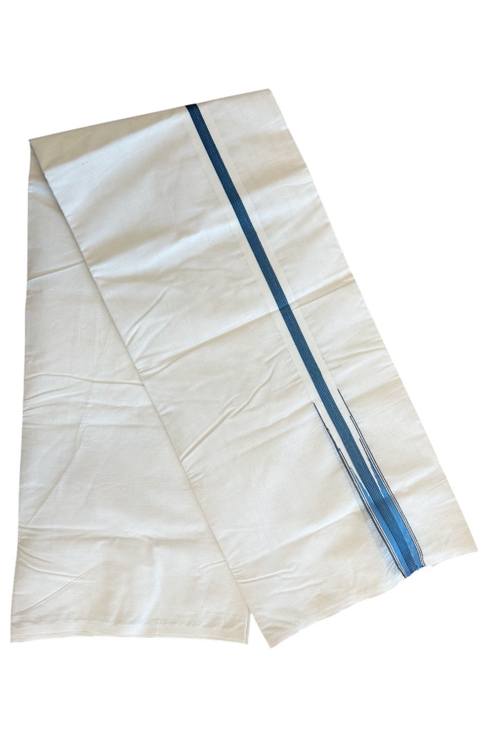 SHORT DHOTI SPECIAL! Kaitharikada.com - 27% Discount! Balaramapuram Double Off white - (Unbleached) Mundu/Dhoti - 100X100 - 1.25 inch Kara & 46 inches Height Puliyilakkara Blue & Black Striped Chutty Kara - 5KK5104ASH