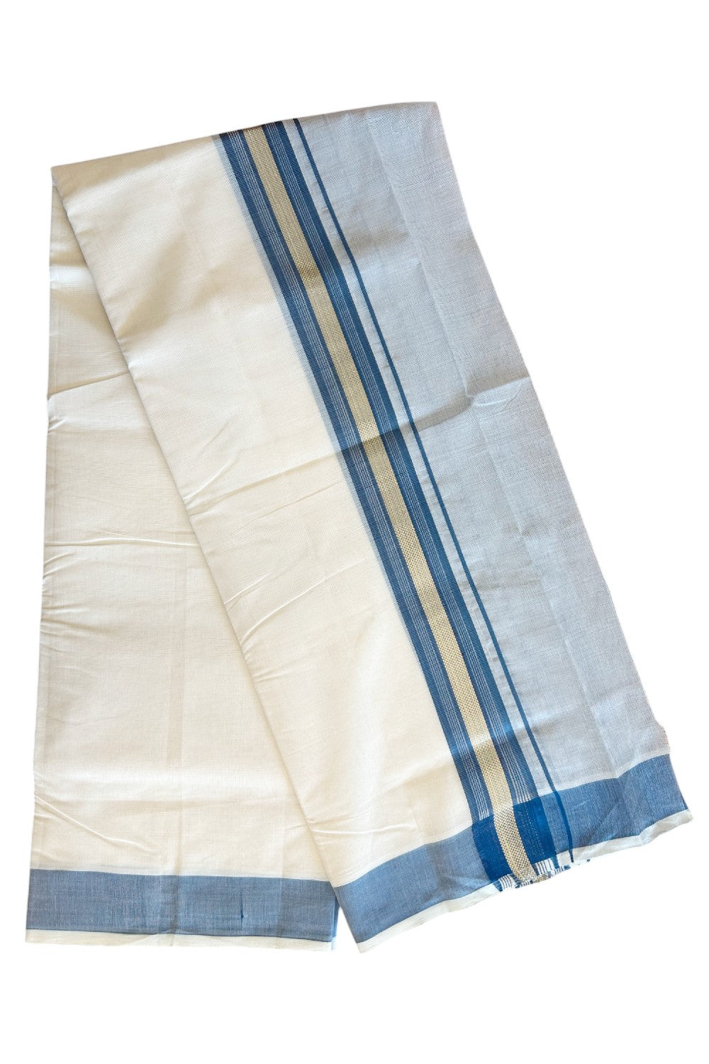 30% DISCOUNT! KaithariKada HANDLOOM Millpaav Balaramapuram - 100% PURE Cotton Off White (Unbleached) - Double Mundu/Dhoti - 7 inch Gold Kasavu & Blue Half Tissue Kara- 5KK5105RAM