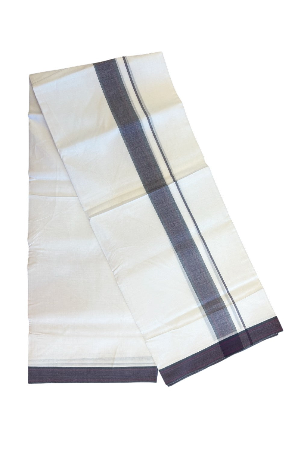 20% DISCOUNT! KaithariKada Balaramapuram 100% Cotton PURE WHITE Double Mundu/Dhoti-100x80 2.25 inch PURPLE & BLACK shaded kara - 5KK5116MR