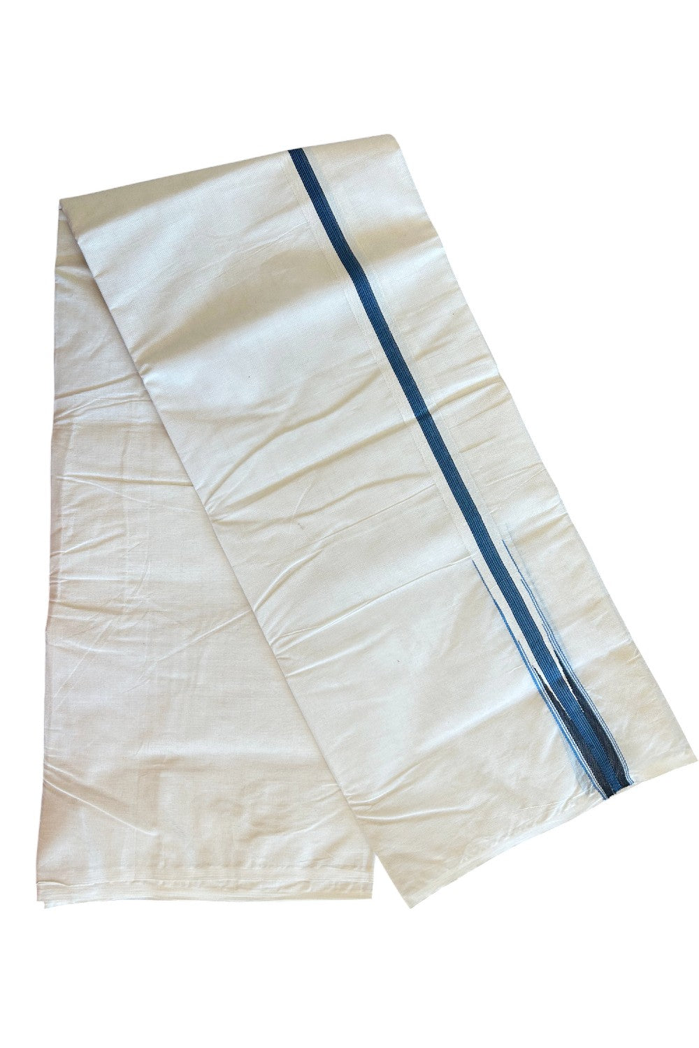 SHORT DHOTI SPECIAL! Kaitharikada.com - 19% Discount! Balaramapuram Double Off white - (Unbleached) Mundu/Dhoti - 100X100 - 1.25 inch Kara & 45 inches Height Puliyilakkara Blue & Black Striped Chutty Kara - 5KK5117ASH