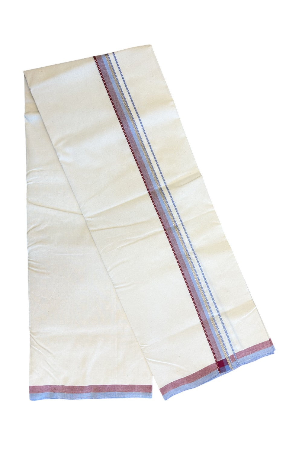 SIGNATURE KAITHARIKADA EXCLUSIVE SINGLE DHOTI - 30% Discount!! 100% Cotton Balaramapuram HANDLOOM Single Mundu/Dhoti - Off White - (Unbleached) 1 inch Lavender Blue & Maroon Kasavu striped Muthukuri kara (2 meters /4 muzham) - 4KK5131KAI
