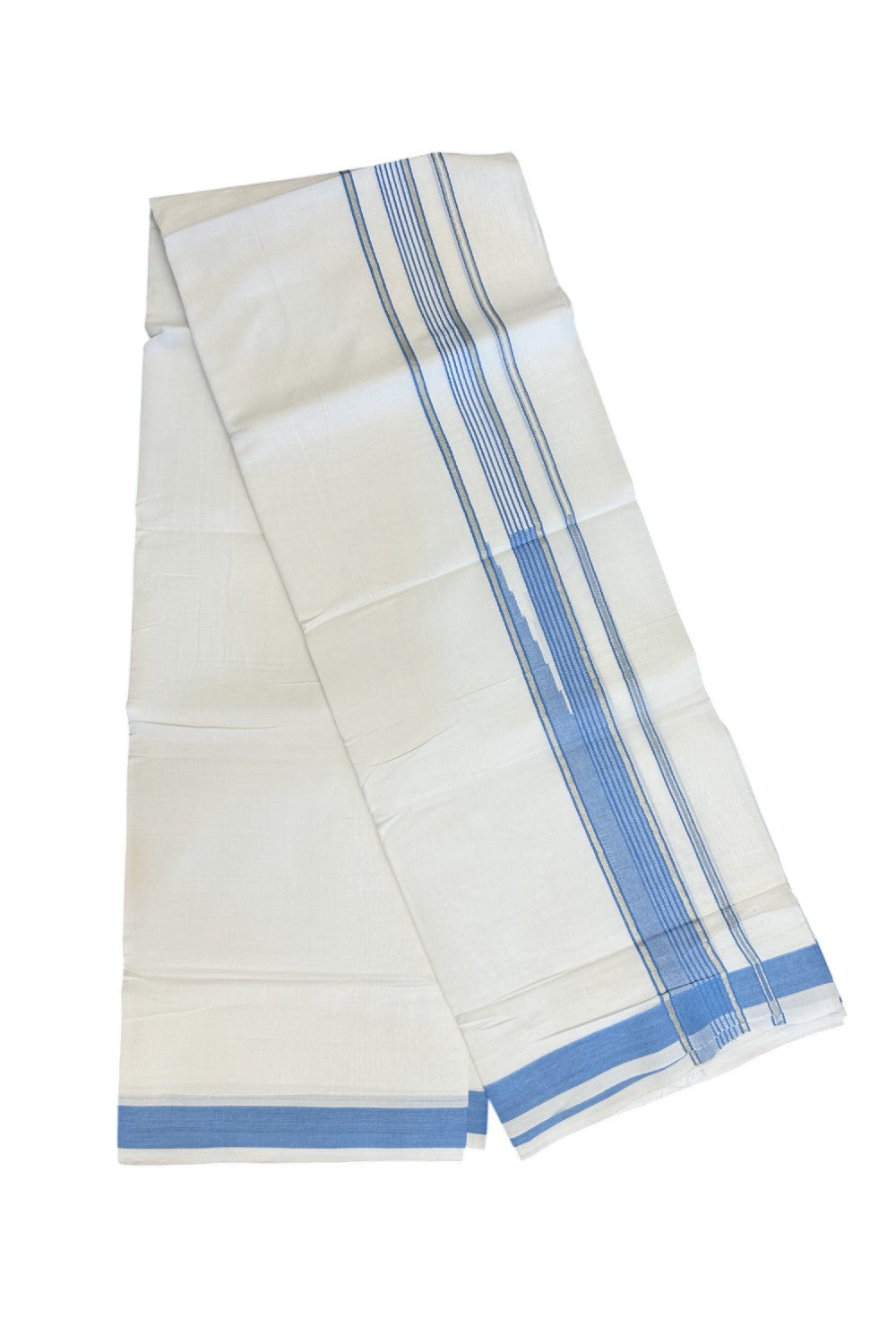 25% DISCOUNT! KaithariKada Balaramapuram 100% Mercerised Cotton Double ULTRA PURE white Mundu/Dhoti - 120x120 - 1.75 inch Heavy Chutty Silver Kasavu & Light Blue Shaded Kara - 5KK5139THI
