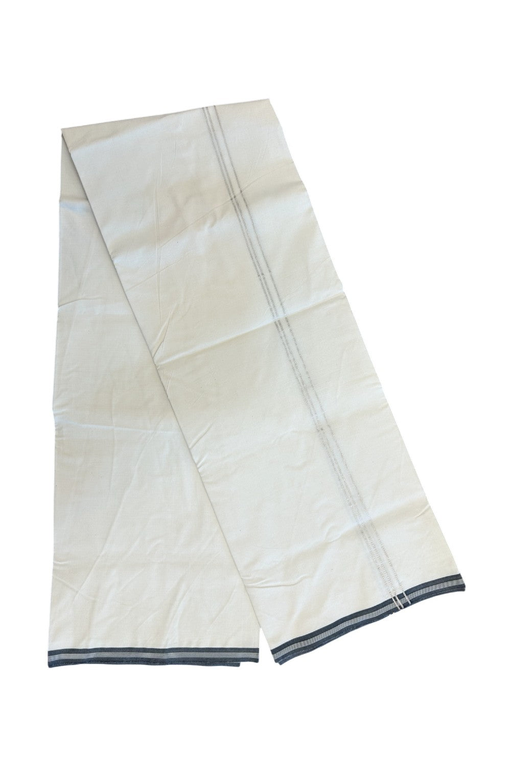 25% DISCOUNT ! KaithariKada Balaramapuram 100% COTTON SINGLE OFF WHITE - (Unbleached) Mundu/Dhoti-Twisted 100s Thread- 0.75 inch Silver Striped Kara (2 meter / 4 muzham) - 5KK5166ASH