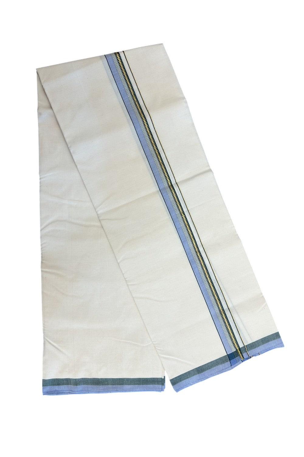 30%DISCOUNT!! SIGNATURE KAITHARIKADA EXCLUSIVE SINGLE DHOTI - 100% Cotton Balaramapuram HANDLOOM Single Mundu/Dhoti - Off White - (Unbleached) 1 inch Green Lavender & Gold Kasavu Striped Kara (2 meter / 4 muzham)- 5KK5173KAI