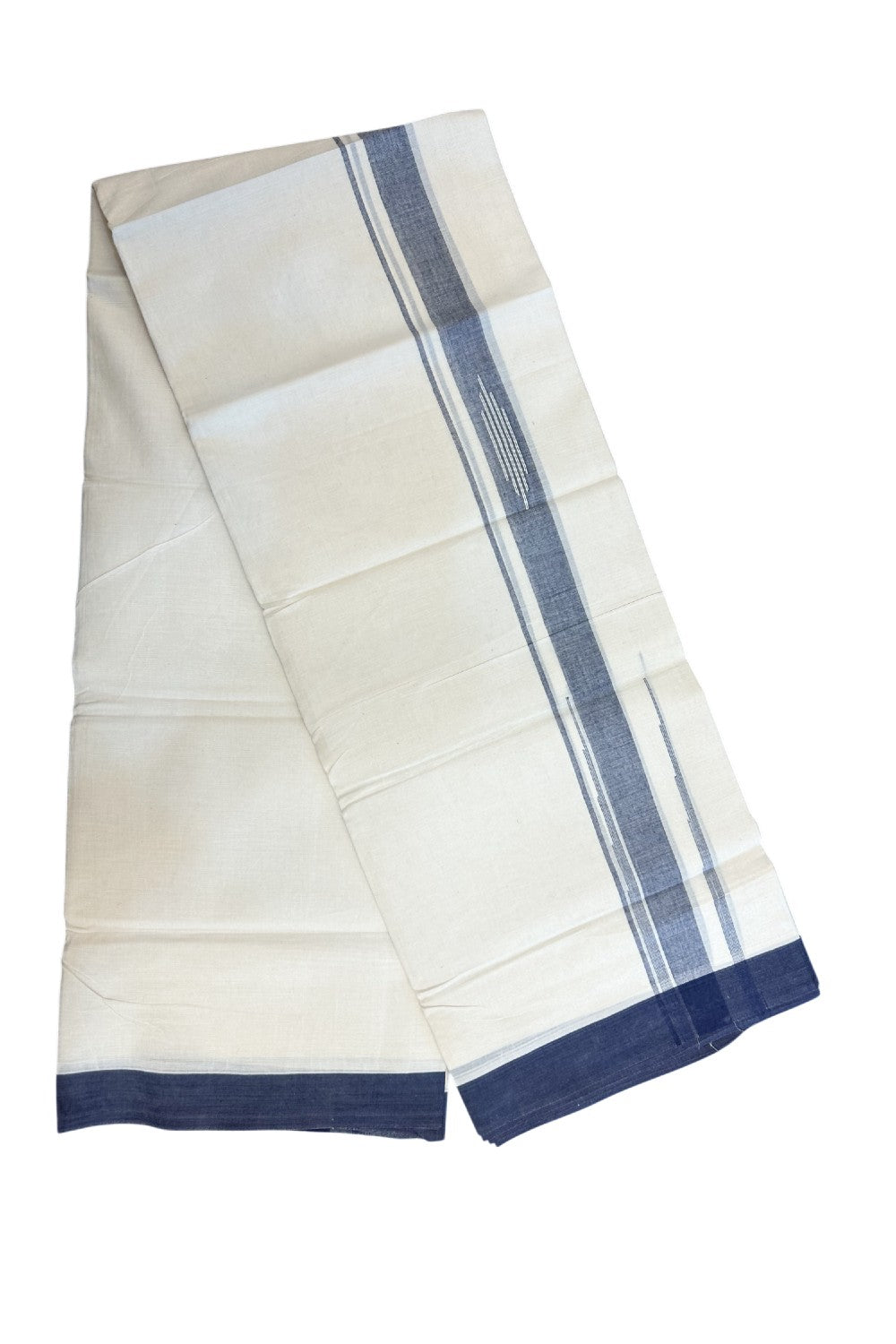 25% DISCOUNT! KaithariKada Balaramapuram Double OFF WHITE 100% Cotton Mundu/Dhoti - 100x80 - 2 inch Putta Design Navy Blue chutty kara - 5KK5174THI