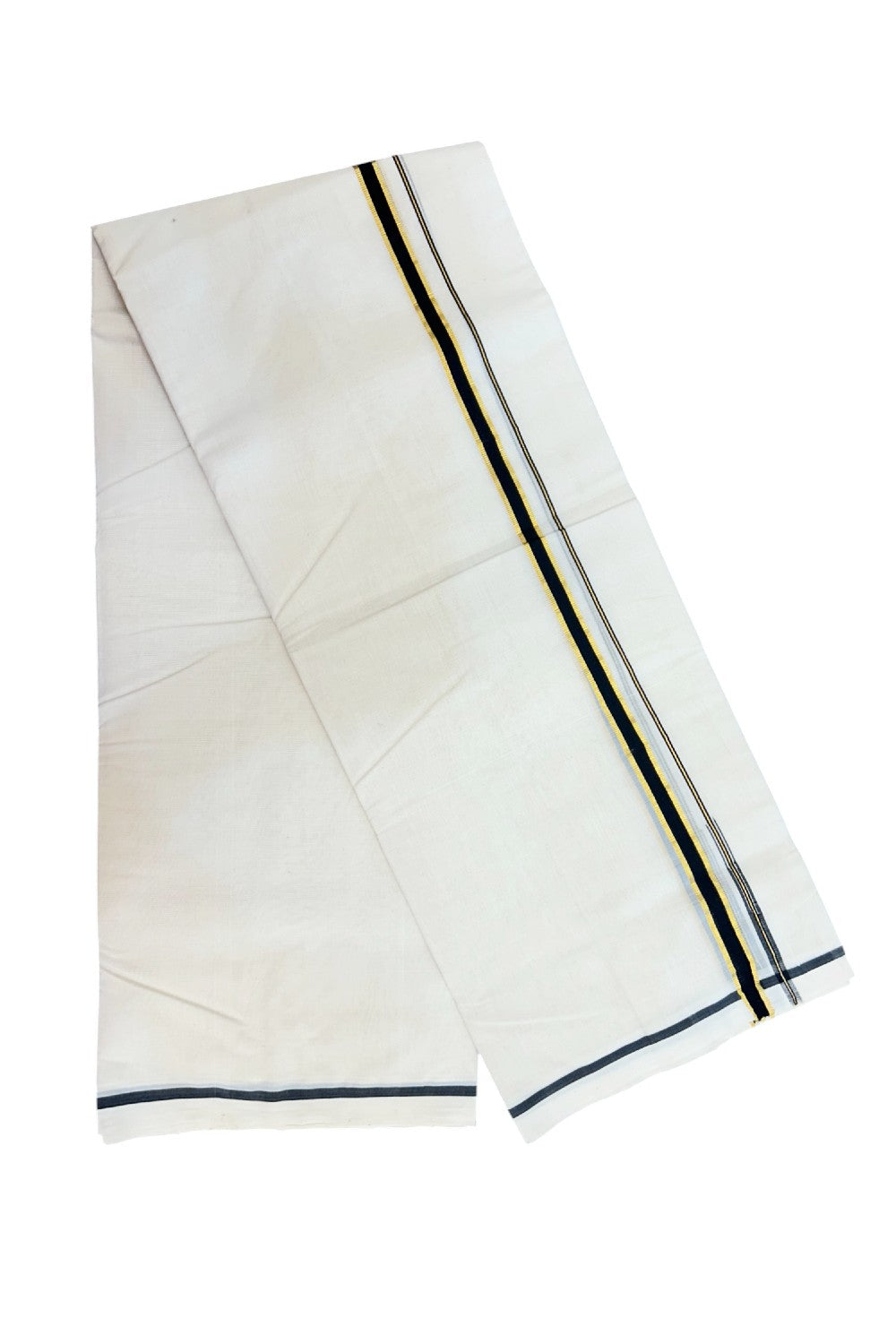25% DISCOUNT!! KaithariKada HANDLOOM MILLPAAV Balaramapuram - 100% PURE Cotton OFF White Double - (Unbleached) Mundu/Dothi - 100x100 - 0.75 inch Black & Gold Kasavu chutty - 5KK5175RAM