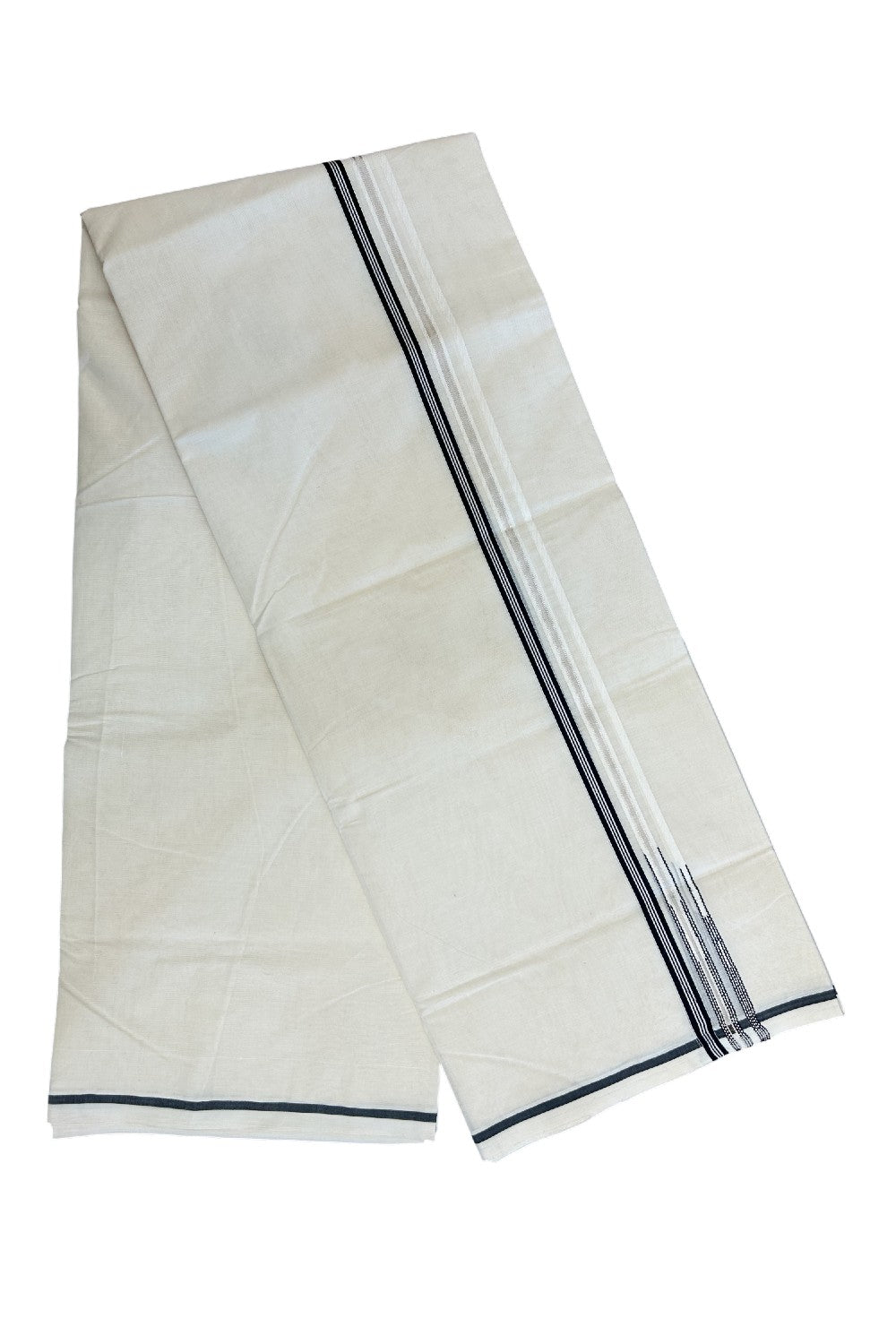 21% Discount! KaithariKada Balaramapuram 100% Cotton Off White - (Unbleached) - Double Mundu/Dhoti-100x100 - 0.5 inch Puliyilakkara Black & Silver Kasavu Striped Double Chutty Kara - 5KK5179ASH