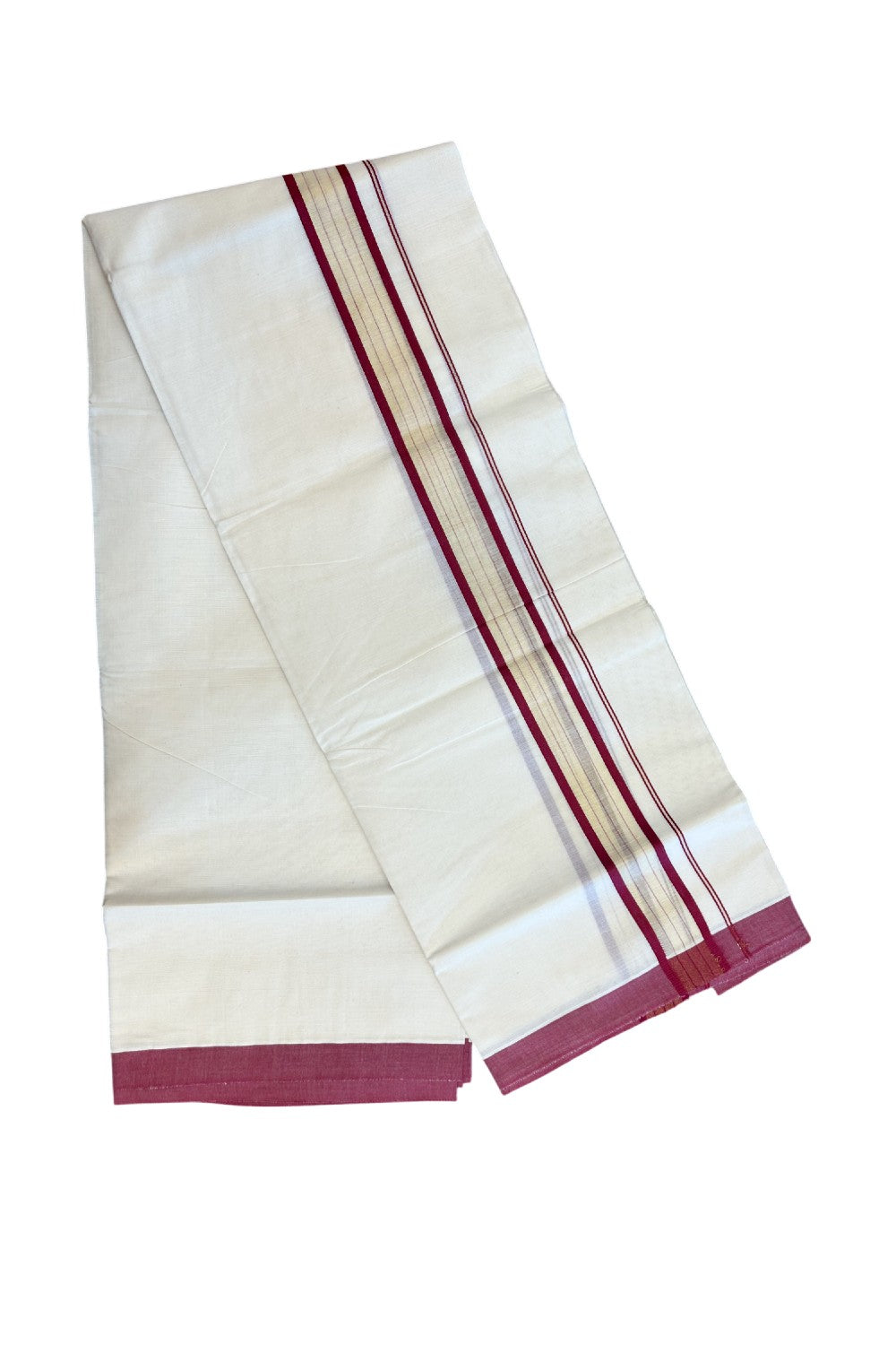 20% DISCOUNT! KaithariKada Balaramapuram Double OFF WHITE Mundu/Dhoti - 80x90 - 1.75 Inch Tissue Maroon striped Kara - 5KK5182VAS