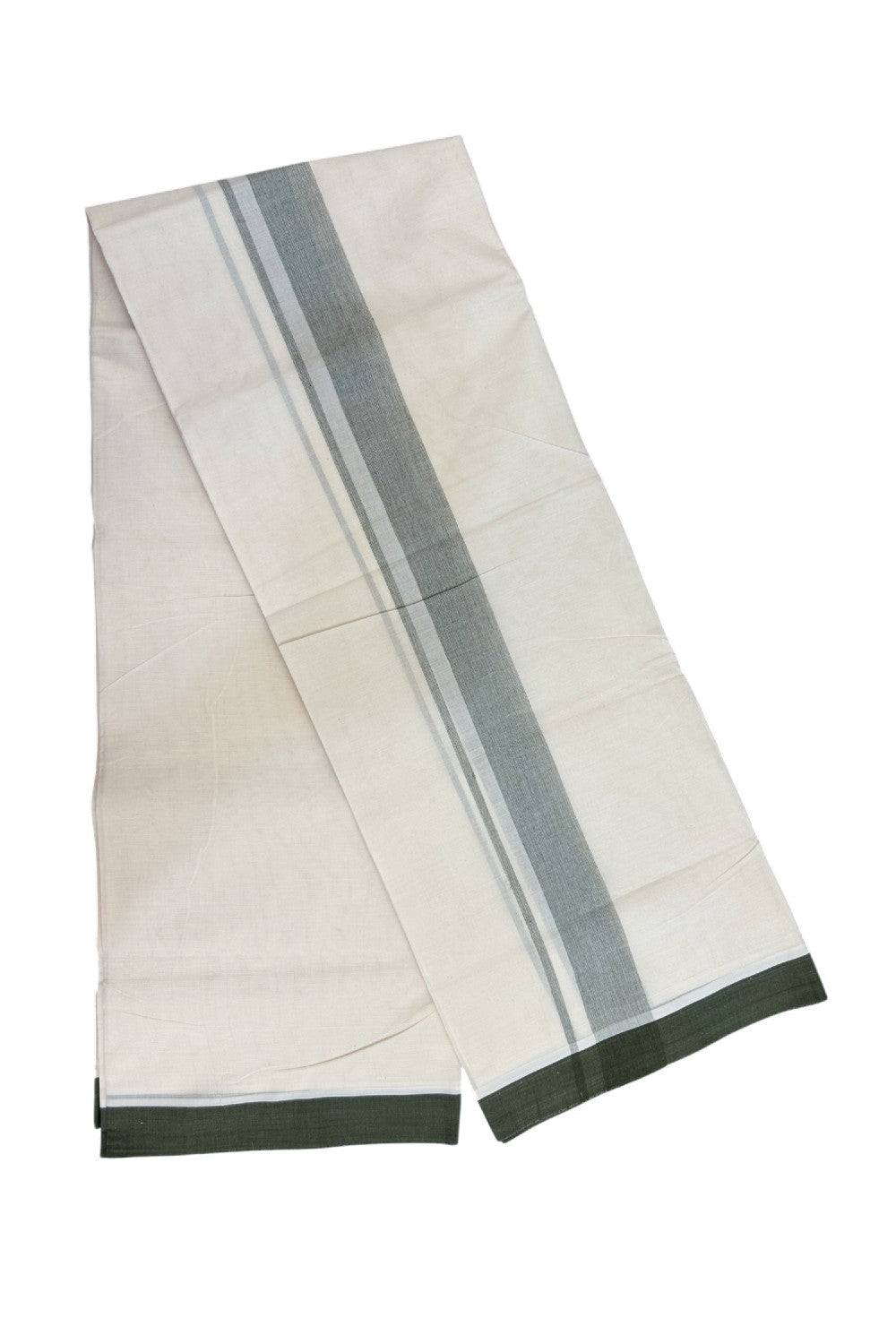 20% Discount ! Kaitharikada Balaramapuram 100% Cotton Double Off white (Unbleached) Mundu/Dhoti - 100x80 - 1.5 inch Dark Olive green shaded Kara - 5KK5186CKS