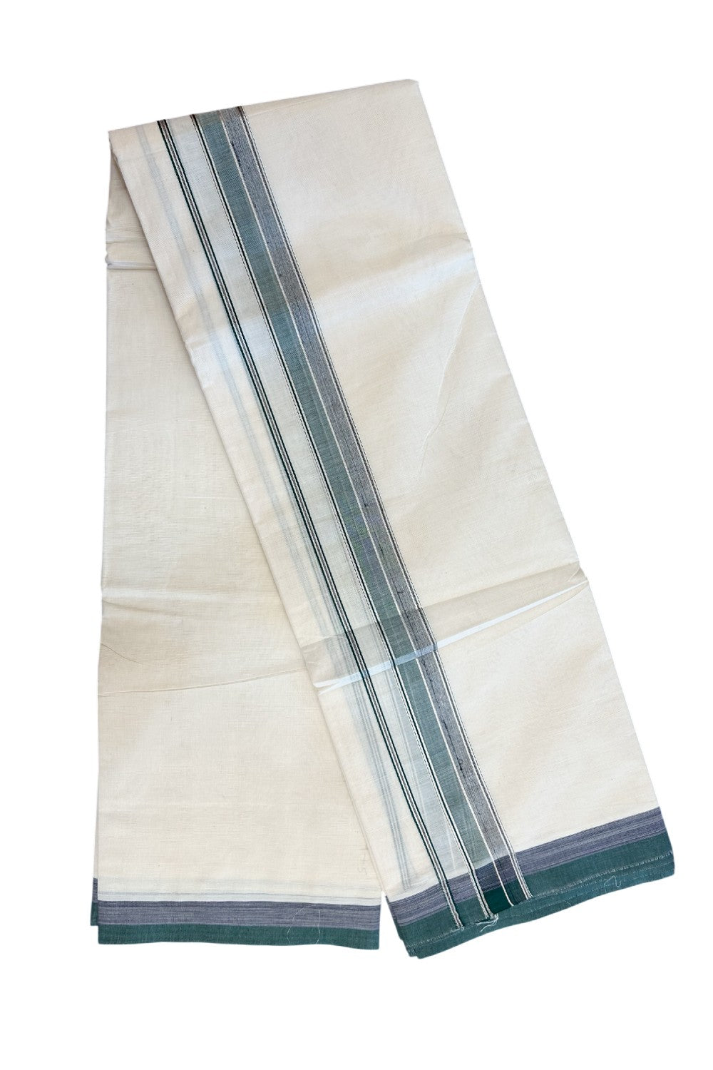 20% DISCOUNT! KaithariKada Cotton OFF White - 100x80 thread- NORTH INDIAN ATTACHED GAMCHA - 9X5 Dhoti - 1.5 inch Silver Kasavu Shaded Dark Green & Violet Stripes Kara - 5KK5189PMC