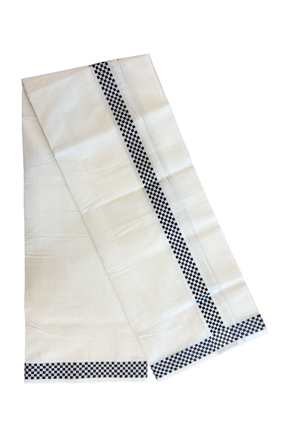 25% DISCOUNT ! KaithariKada HANDLOOM Unakkupaav Balaramapuram - 100% PURE Cotton Off White - (Unbleached) Double Mundu/Dhoti - 1.75 inch Silver Kasavu & Navy Blue Jacquard Square Design Kara - 5KK5190ABH