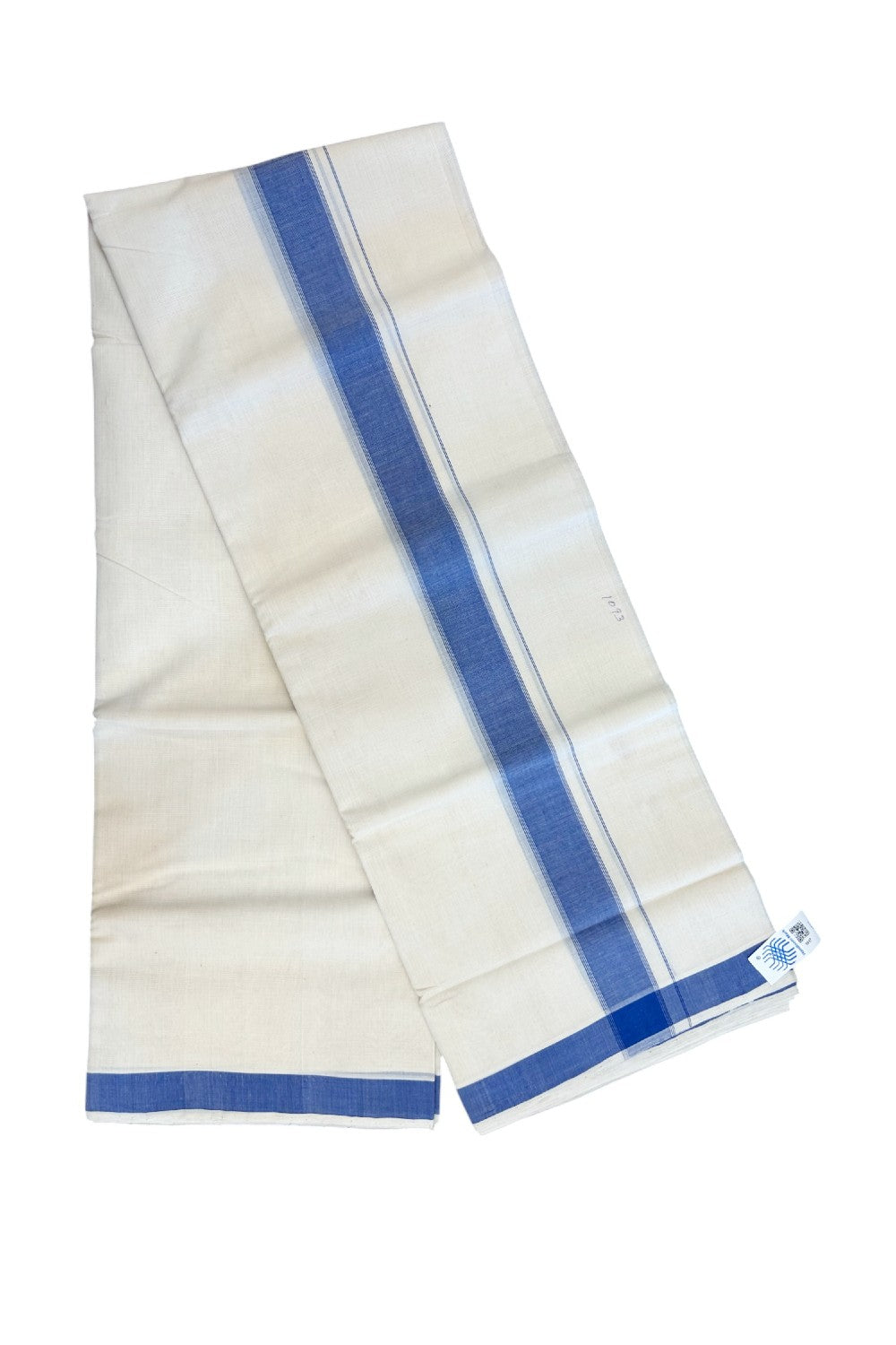 25% Discount KaithariKada HANDLOOM Unakkupaav Balaramapuram - 100% PURE Cotton off white (Unbleached) Double Mundu/Dhoti - 80X90 - 1.75 inch Blue Stripes Kara 3.80 mtr - 5KK5192ELA