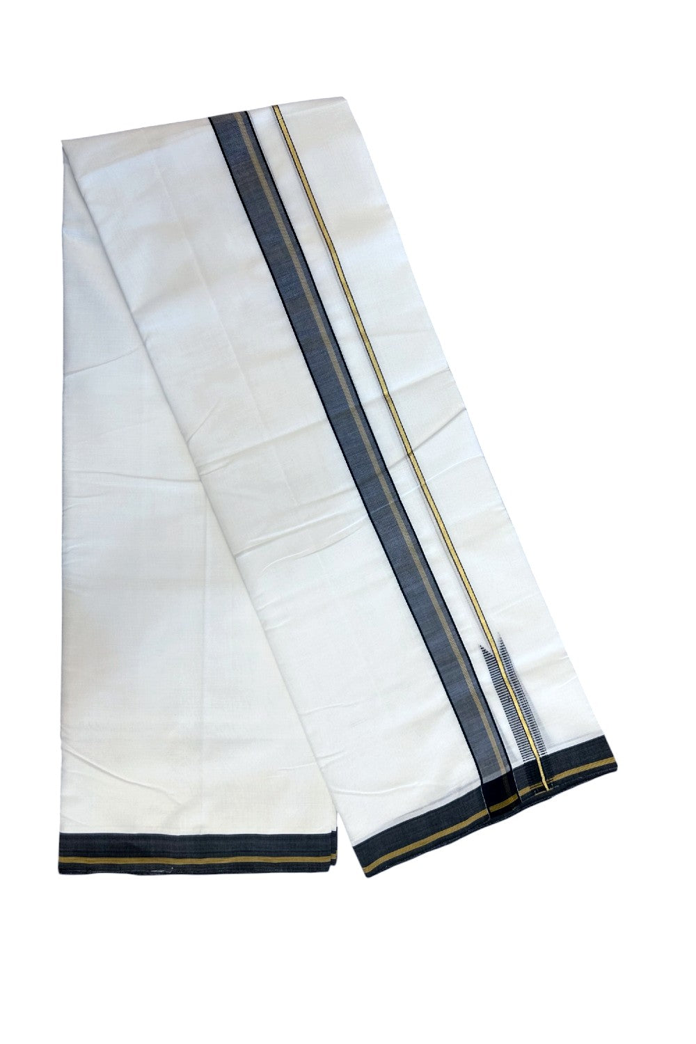 25% Discount!! NEW ULTRA PURE WHITE HANDLOOM Balaramapuram - 100% Mercerised Cotton Double Mundu/Dhoti - 120(Twisted) x 80 - 0.5 inch Black Kasav & Sand Brown Puliyilakkara Chutty - 5KK5195REA