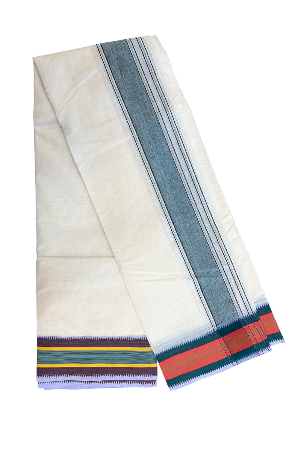 20% DISCOUNT! KaithariKada 100% Cotton Off White - (Unbleached) - Pure Cotton -100x100 thread - NORTH INDIAN - ATTACHED GAMCHA 9X5 Dhoti Green kara with Yellow Green & Brown Red Striped border - 5KK5196PMC