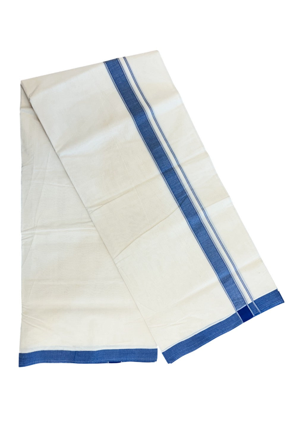 20% DISCOUNT ! KaithariKada 100% Cotton OFF WHITE (Unbleached) Double Dhoti/Mundu- 1.25 inch Blue Striped Kara 4.50 Meters (10 Muzham) - 5KK5203ASH