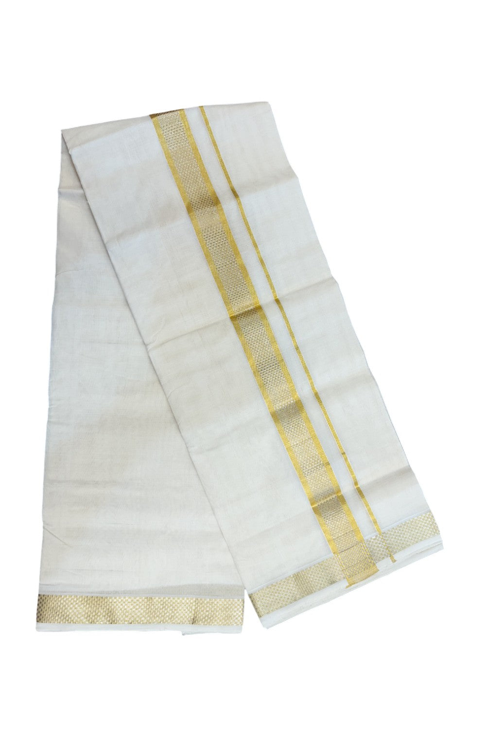 HANDLOOM Pure SILK Dhoti NEW! 25% DISCOUNT from Kaitharikada.com - BALARAMAPURAM Handloom Unakkupaav - OFF WHITE - Double Mundu/Dhoti - 100x100 - Pure cotton + Silk - 1.75 inch Gold Kasavu Designer Kara - 5KK5206 ABH