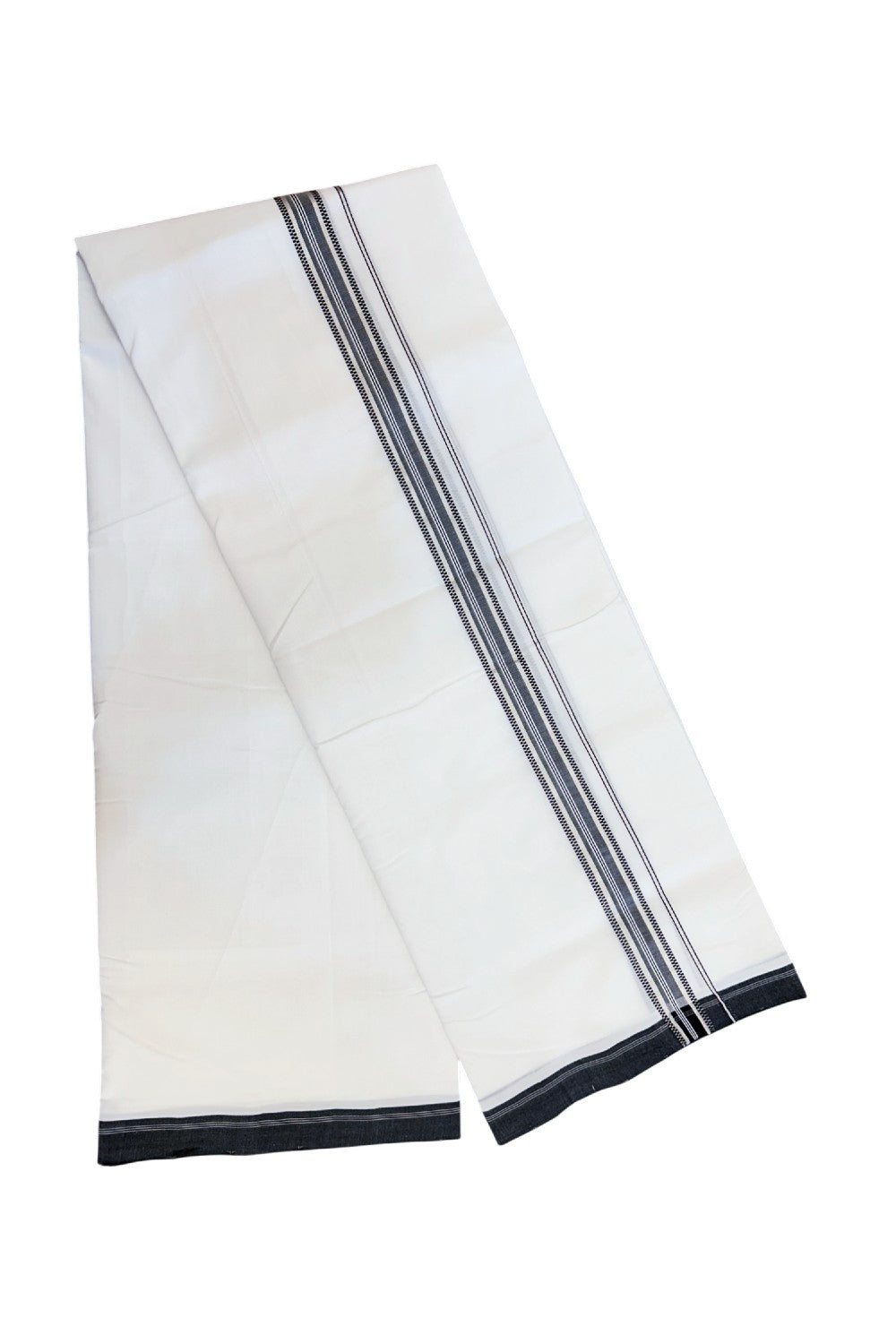 25% Discount!! NEW ULTRA PURE WHITE HANDLOOM Balaramapuram - 100% Mercerised Cotton Double Mundu/Dhoti - 120 twisted warp x 80s weft - 1 inch Silver Kasavu & Black Striped Design Kara- 5KK5209 REA
