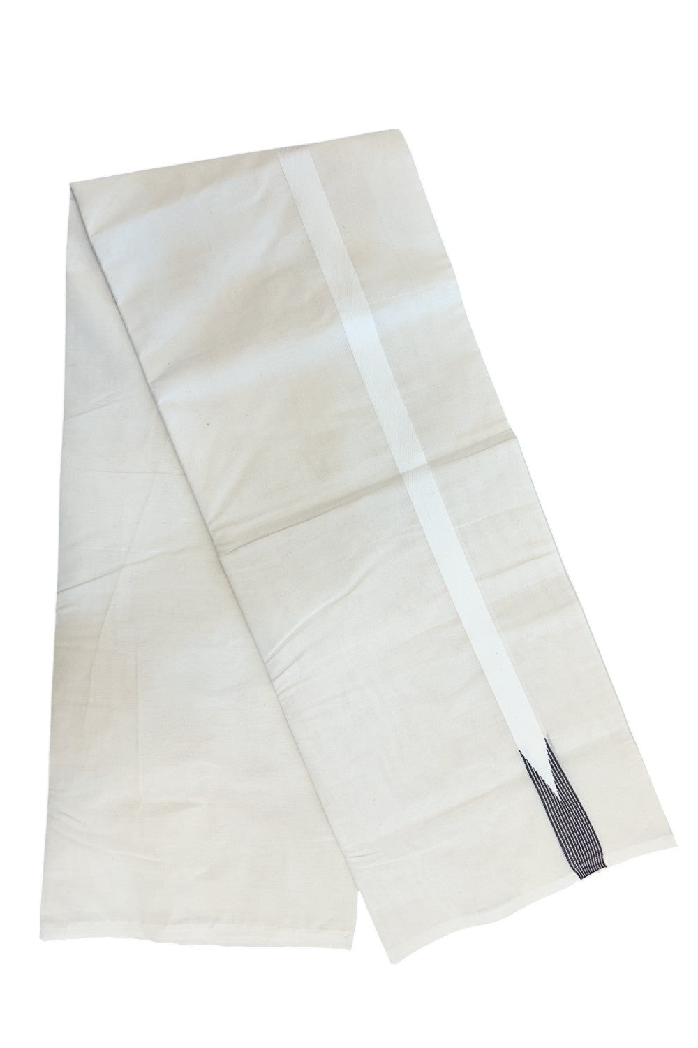 20% DISCOUNT ! KaithariKada Balaramapuram 100% COTTON Double OFF WHITE (Unbleached) Mundu/Dhoti- 100x100 - 1 inch Puliyilakkara Brown Striped Chutty Kara - 5KK5211ASH