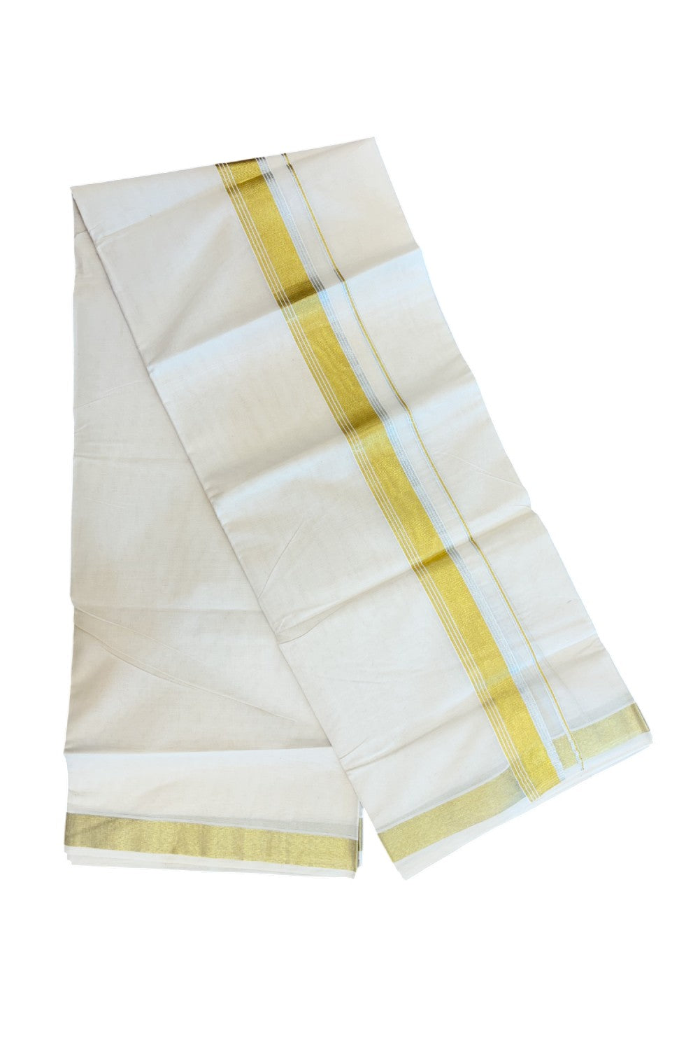 20% DISCOUNT ! KaithariKada Balaramapuram - 100% PURE Cotton Off White - (Unbleached) Double Mundu/Dhoti - 100X80 - 1.5 inch Gold Kasavu & Silver Kasavu Striped Kara - 5KK5212 VIN