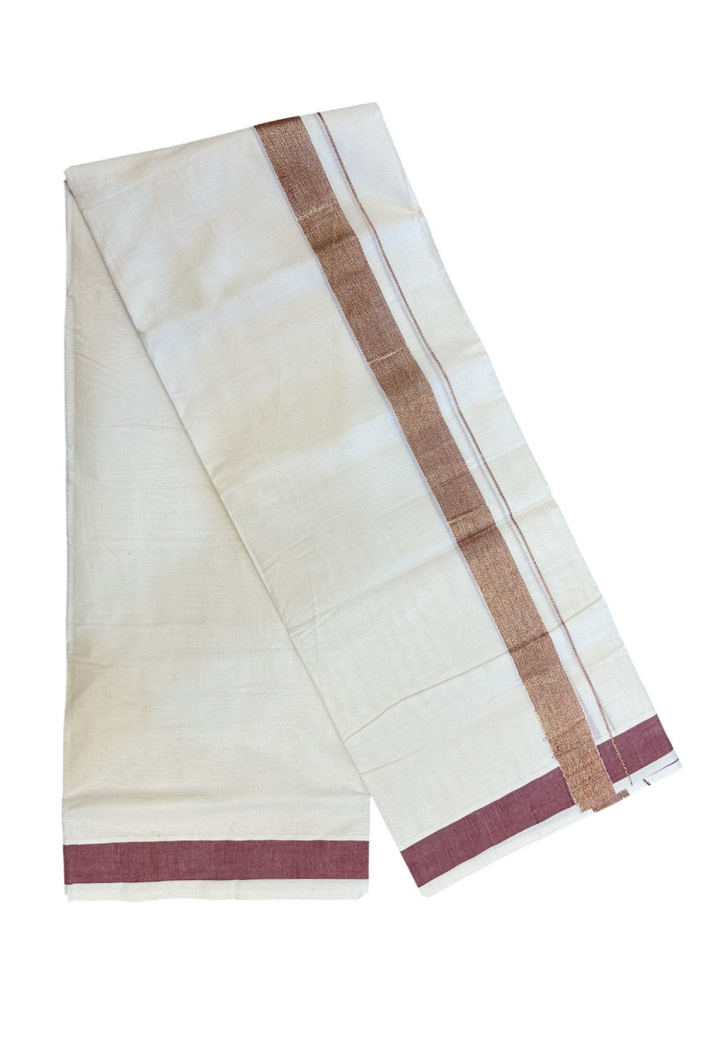 20% DISCOUNT ! KaithariKada Balaramapuram Mixed Cotton OFF WHITE (Unbleached) Double Mundu/Dhoti - 60s Thread Mixed Cotton - 1.5 inch Maroon & Gold Kasav Kara - 5KK5213 VIN