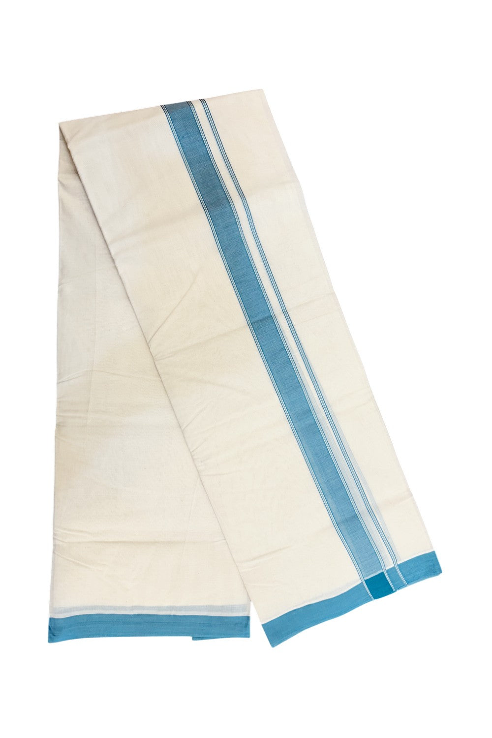 NEW !! 20% DISCOUNT!! KaithariKada Balaramapuram 100% Cotton Double Off white - (Unbleached) Mundu/Dhoti-100x80 - 1.25 inch Light Peacock Blue Shaded Striped KARA - 3.75 mtr (8 Muzham) - 5KK5218 ASH