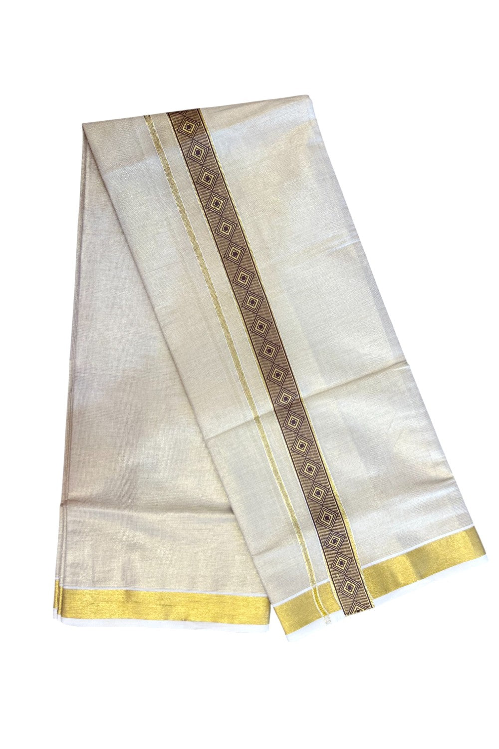 22% DISCOUNT!! KaithariKada Balaramapuram Double OFF WHITE Mundu/Dhoti - 80x72 - Tissue Body with 1.5 Inch Brown & Gold Kasav Printed Design Kara - 5KK5219 GAN