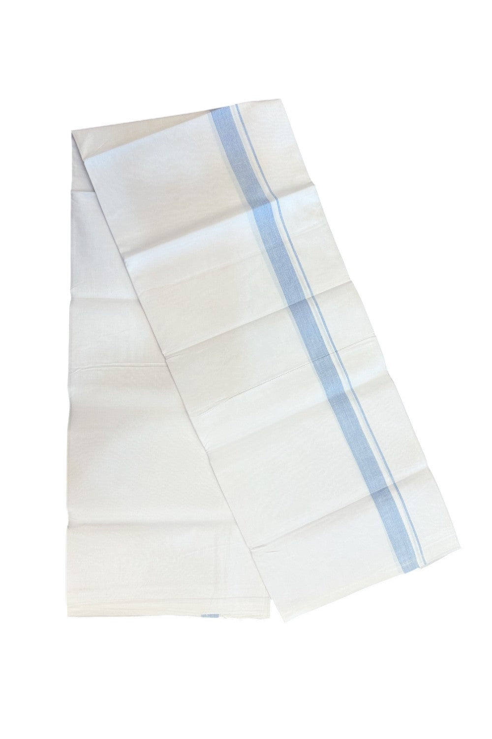 20% DISCOUNT ! KaithariKada Balaramapuram 100% COTTON SINGLE PURE WHITE Mundu/Dhoti-Twisted 100s Thread- 1.5 inch Shaded Sky Blue Kara (2 metre / 4 muzham) - 4KK5224 ASH