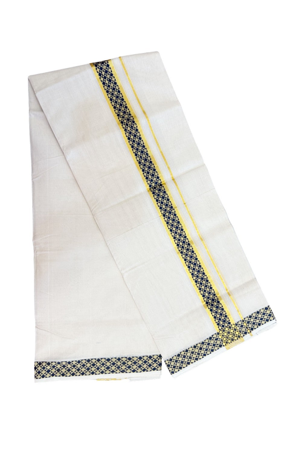 25% DISCOUNT ! KaithariKada HANDLOOM Unakkupaav Balaramapuram - 100% PURE Cotton OFF WHITE - (Unbleached) Double Mundu/Dhoti - 80x90 - 1.75 inch Gold Kasavu & Navy blue Jacquard Design Kara 4 mtr (8.5 Muzham) - 4KK5231 ABH