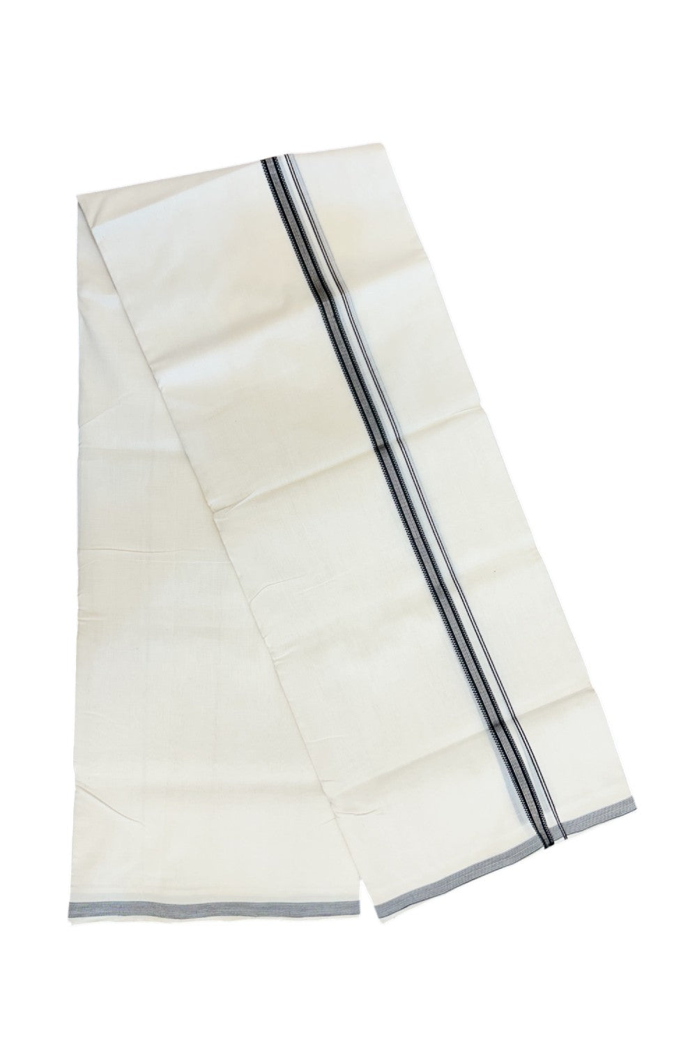 25% Discount! KaithariKada HANDLOOM UNAKKUPAAV Balaramapuram - 100% PURE Cotton OFF WHITE (Unbleached) Double Mundu/Dhoti - 80x90 - 0.5 inch Muthukkuri Silver striped black kara 4 Mtr (8.5 Muzham) - 5KK5235 YAR