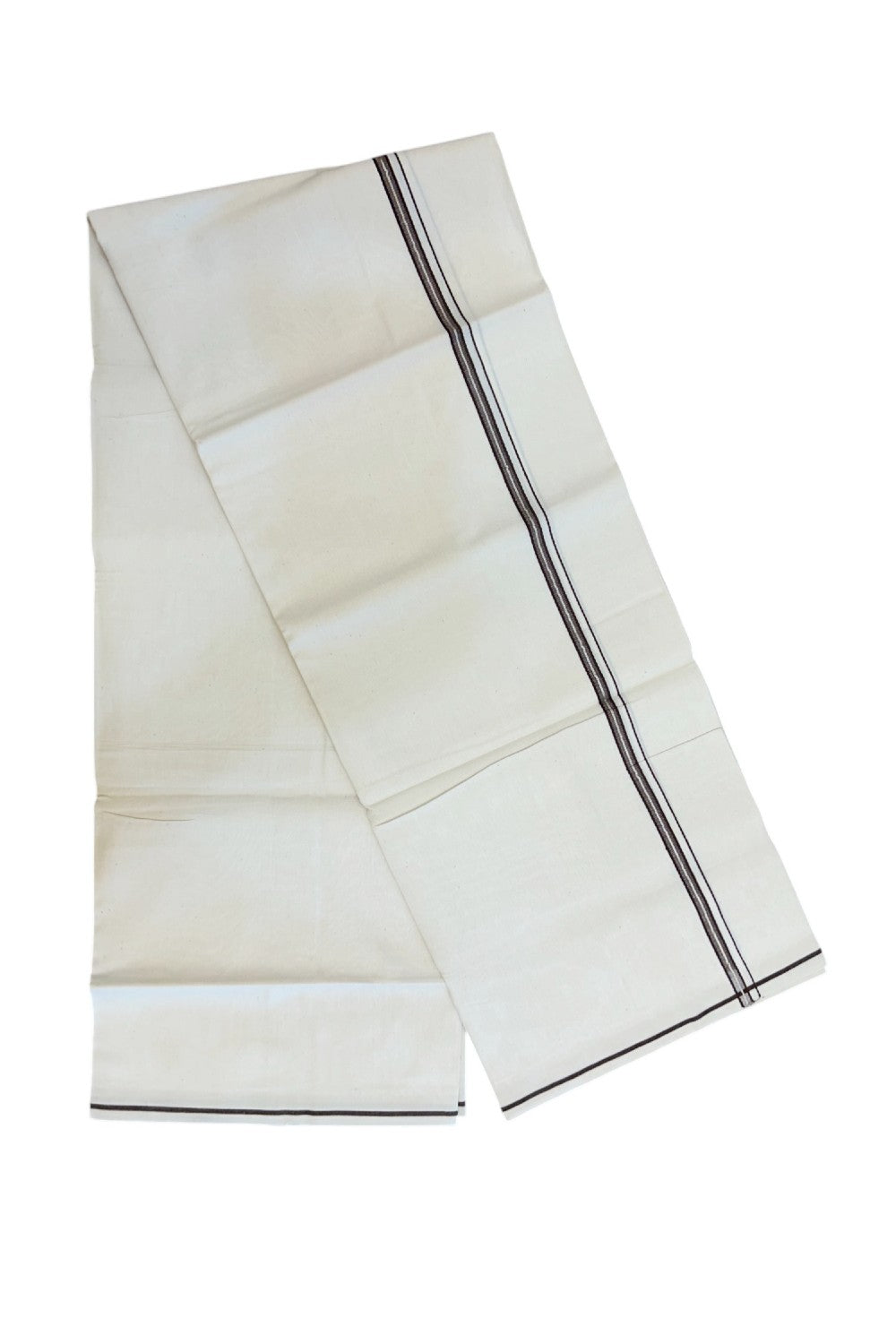 24% Discount !! KaithariKada Balaramapuram 100% Cotton OFF WHITE (Unbleached) Single Mundu/Dhoti - Twisted 60s Thread - 1 cm Silver Kasavu Brown Thin Kara (2 meter / 4 muzham) - 3KK5236 GL