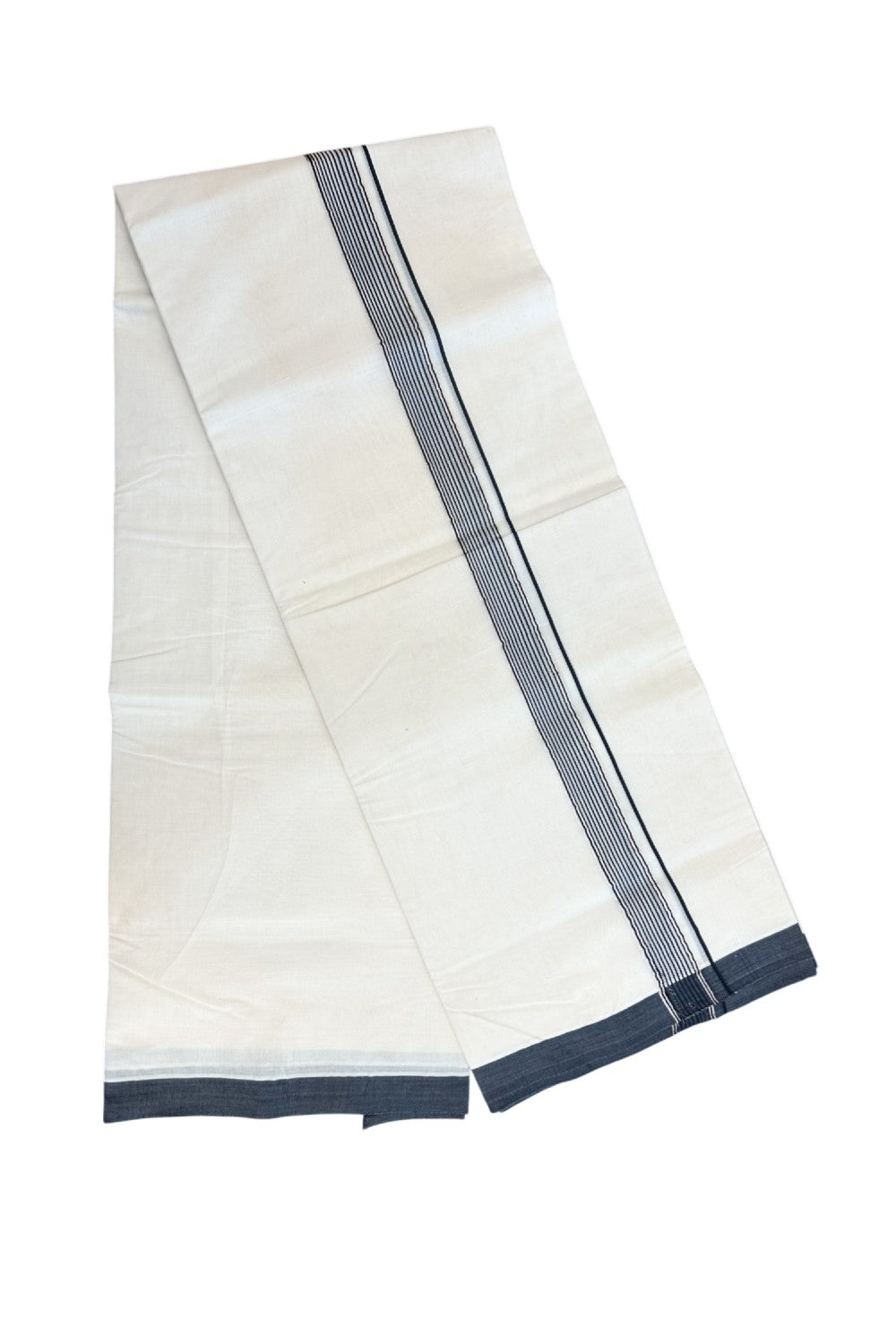 20% Discount KaithariKada Balaramapuram 100% Cotton Double Off white - (Unbleached) - Mundu/Dhoti - 100x100 - 1 inch Silver Kasav & Black Striped Kara - 4mtr (8.5 muzham)- 6KK5238 ASH