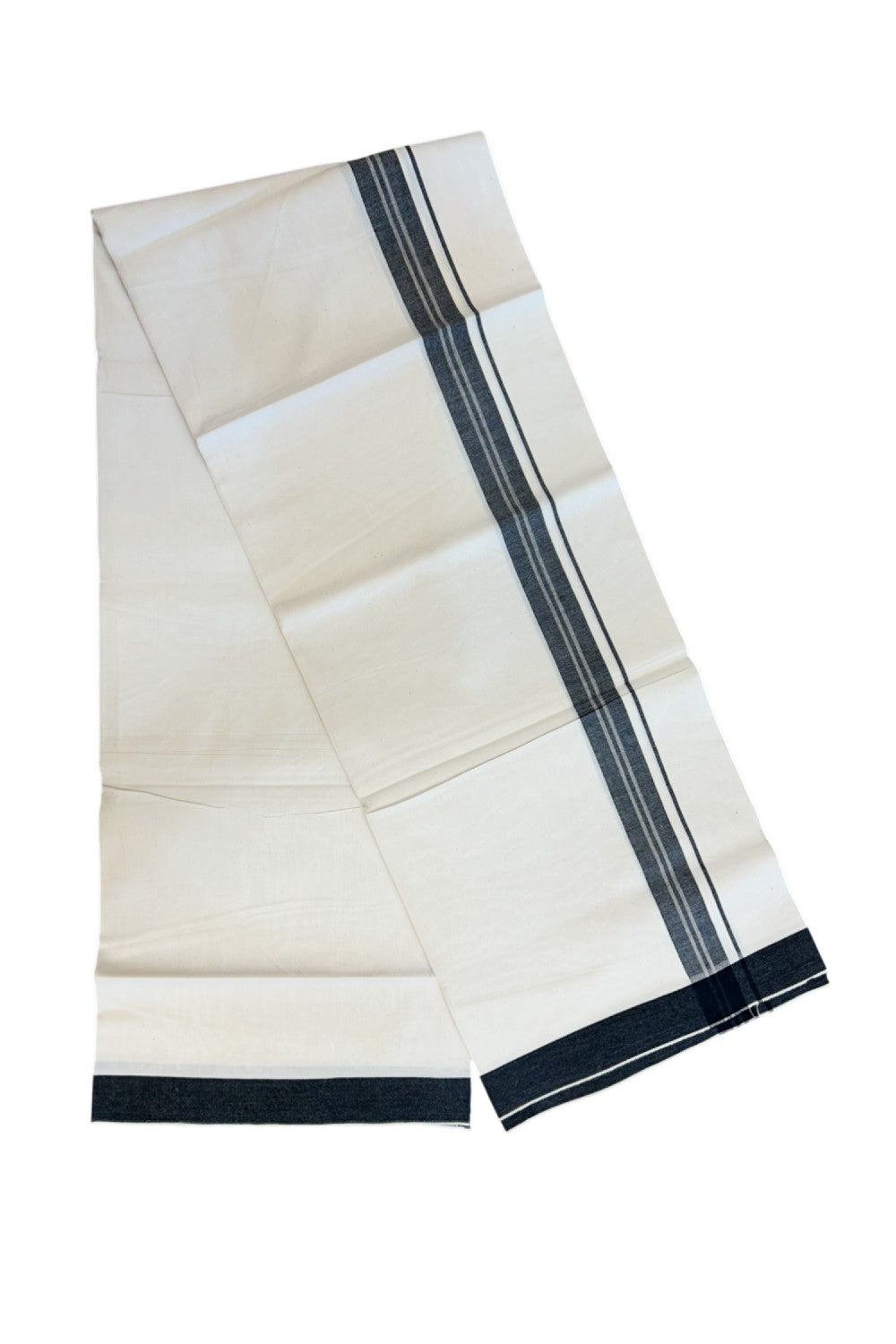 24% Discount !! KaithariKada Balaramapuram 100% Cotton OFF WHITE (Unbleached) Single Mundu/Dhoti - Twisted 60s Thread - 3 cm Black shaded striped Kara (2 meter / 4 muzham) - 35KK5241 GL