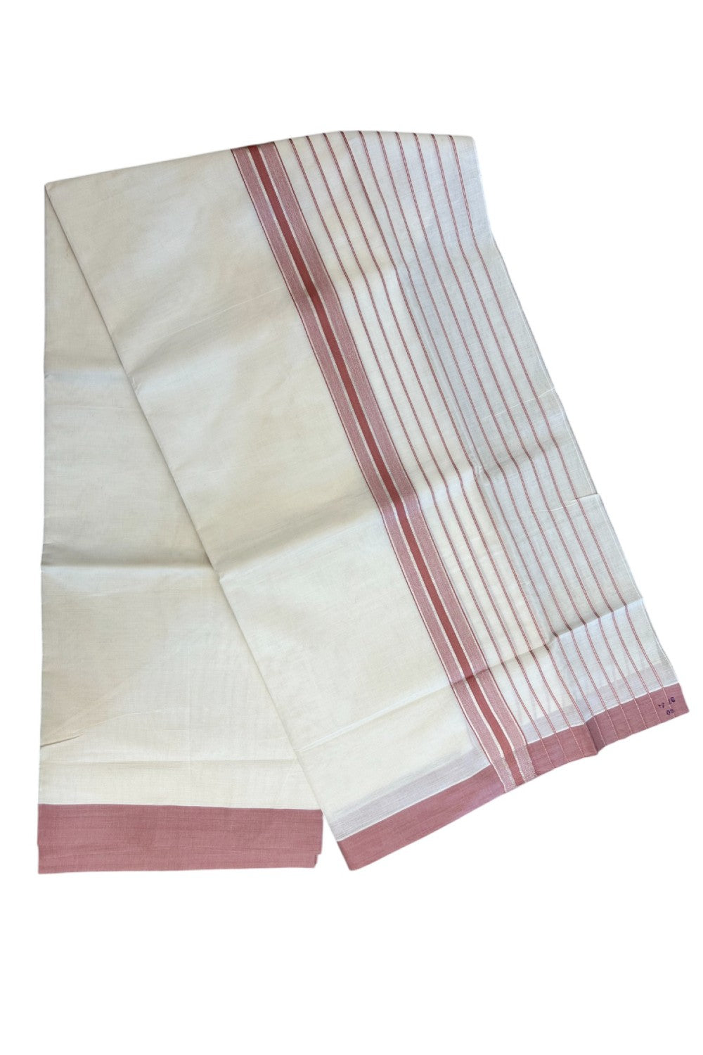20% Discount !! KaithariKada Balaramapuram Double OFF WHITE (Unbleached) Mundu/Dhoti - 100x80 - 8 inch Dusty Rose & Silver Striped kara 4 mtr (8.5 muzham) - 5KK5243 PMC