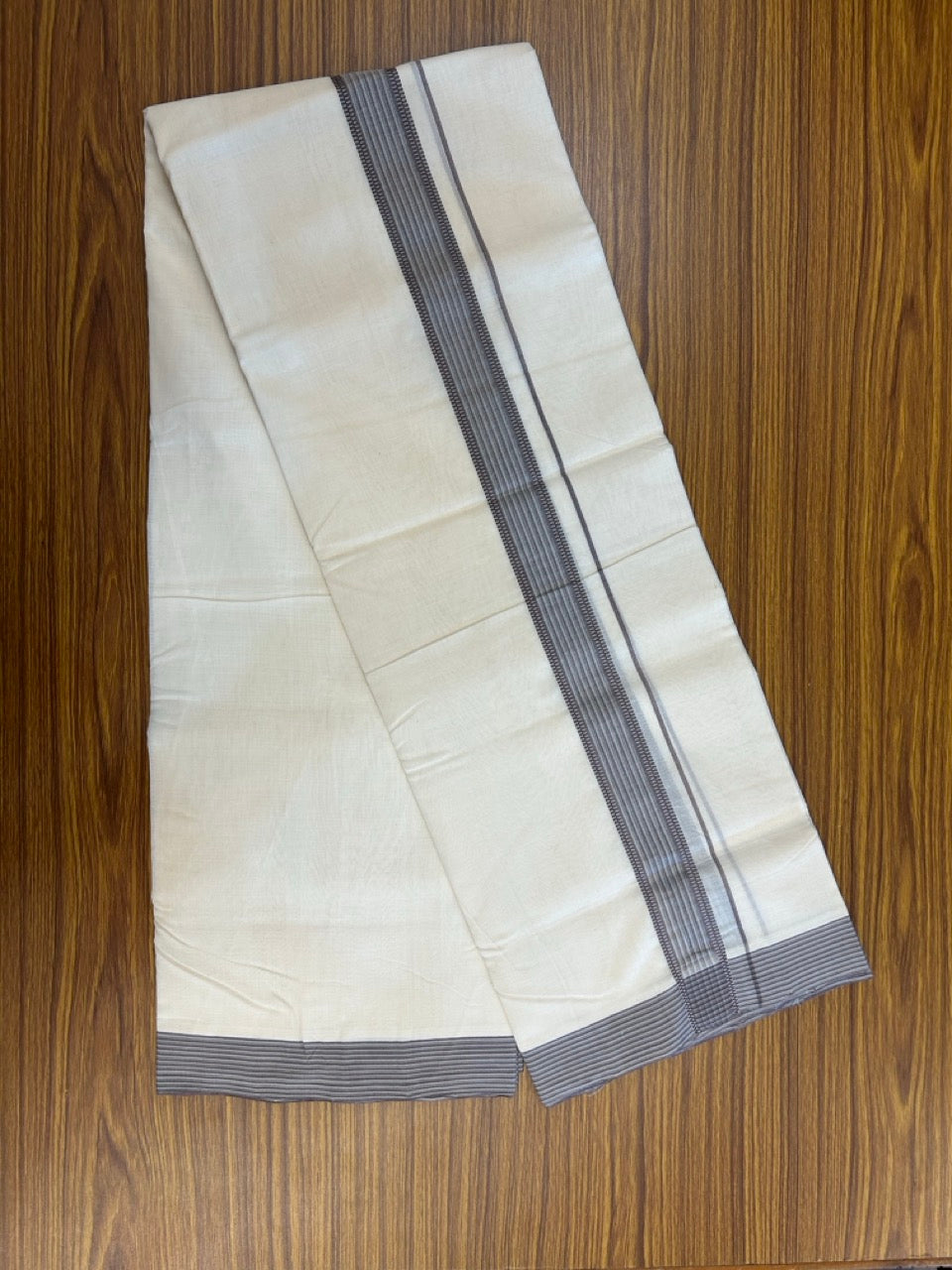 25% DISCOUNT!! KaithariKada HANDLOOM UNAKKUPAAV Balaramapuram - 100% PURE Cotton OFF White - (Unbleached) Double Mundu/Dothi - 100 x 80 - 1.5 inch Violet Vague Green Strip Kara 3.85 meter (8.5 mulam) - 5 KK5249 REA