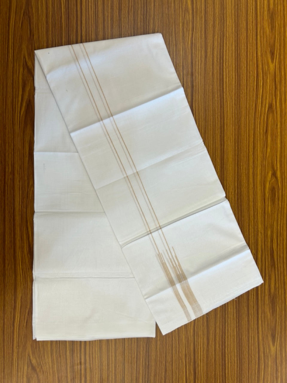 20% DISCOUNT!! NEW!! KaithariKada Balaramapuram 100% Cotton PURE WHITE Double Mundu/Dhoti - (100x80)s - 0.75 inch Sand Brown Line chutty - 5 KK5249 VIN