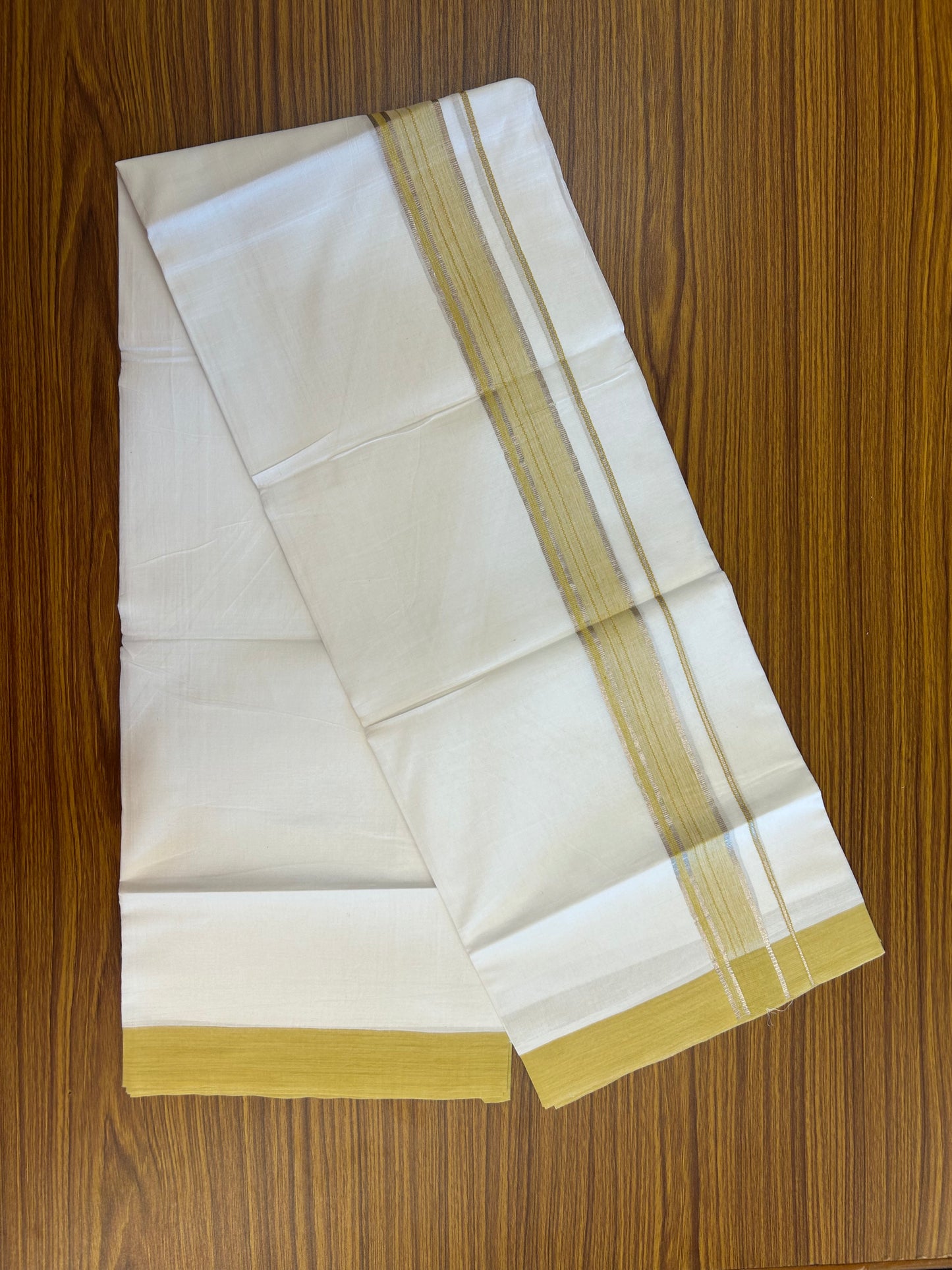 Short Dhoti Special - 28% Discount ! KaithariKada 100% Cotton Pure White Double Mundu / Dhoti - 100x80 - 45 inch Height 3.80 m Length 1.5 inch Mustard Yellow Silver Kasav kara - 5 KK5258 THI