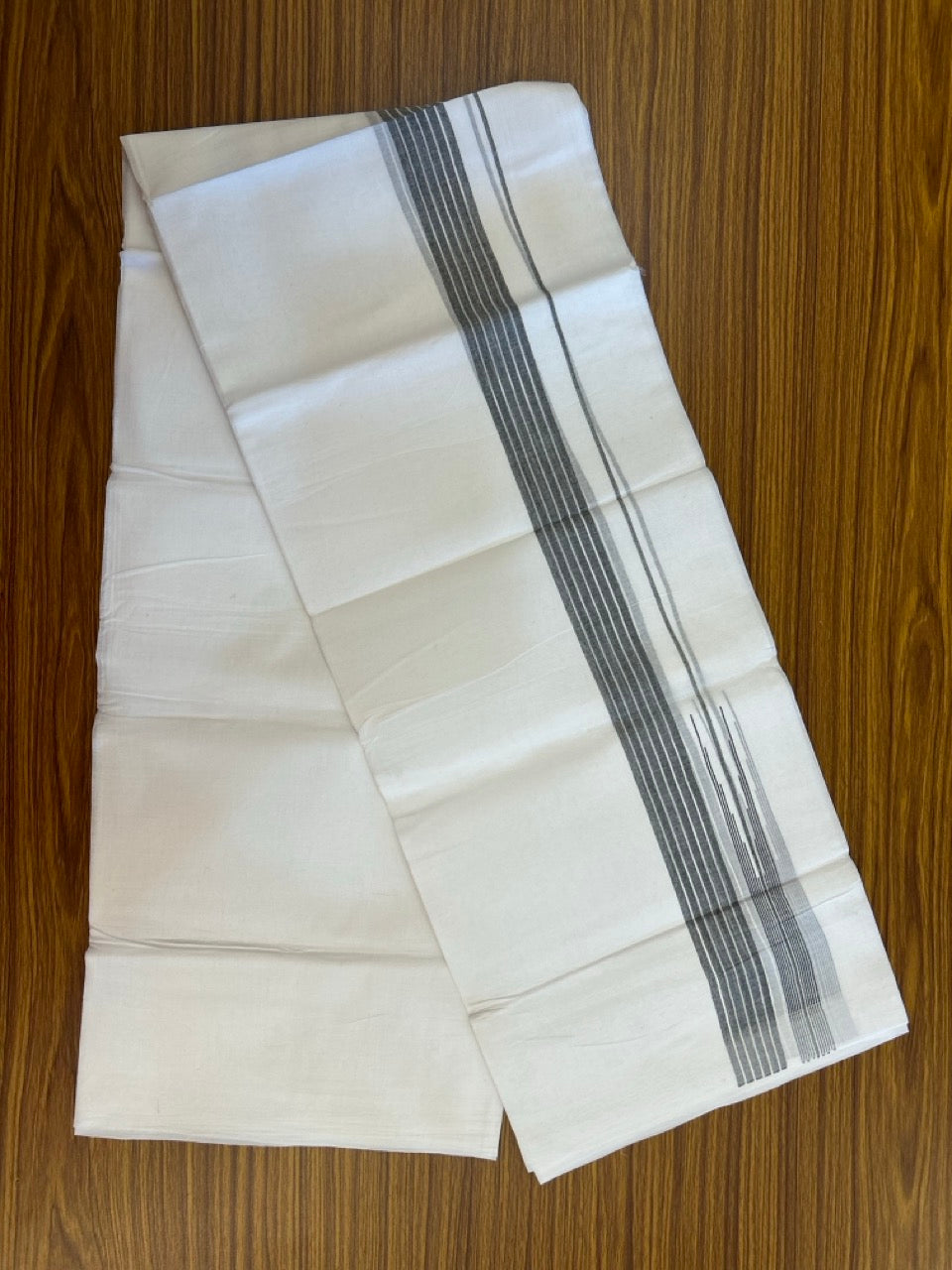 24% Discount! KaithariKada Balaramapuram 100% Cotton Pure white Double Mundu/Dhoti - (100x80)s - 1.5 inch Puliyilakkara Ash Black Stripes Chutty - 105 KK5258 THI