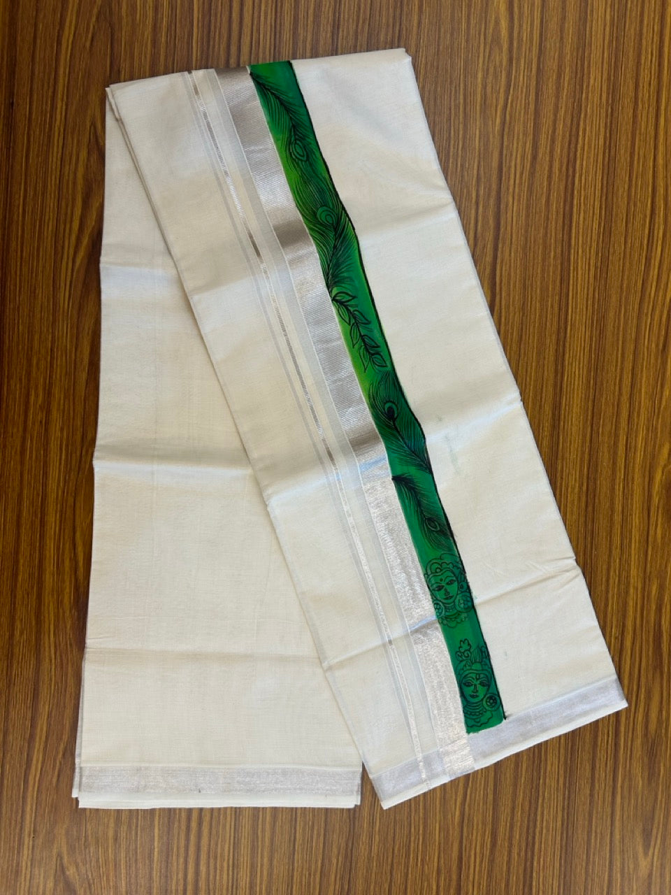 24% Discount! Hand Painted - KaithariKada 100% Cotton Double Off white - (Ubleached) Mundu / Dhoti - 100x80 1 inch Silver Kasavu & Hand Painted Krishna Radha Peacock - 5 KK5259 CKS