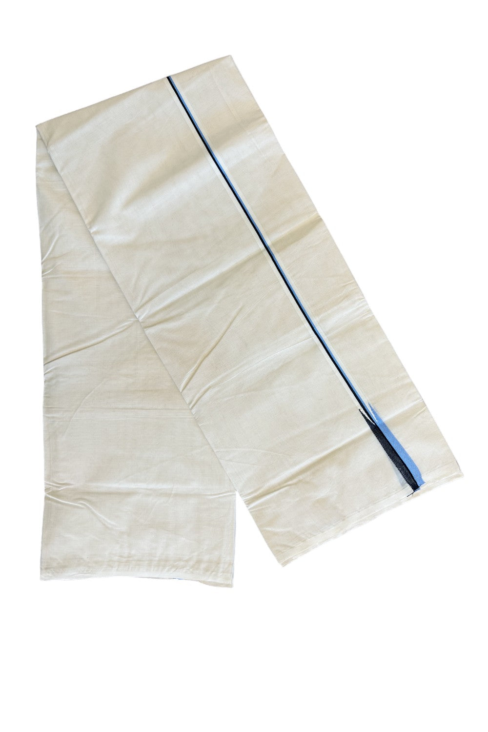 29% DISCOUNT! KaithariKada Balaramapuram 100% Cotton Double Off white - (Unbleached) Mundu/Dhoti-100x100 Puliyilakkara BLACK & BLUE Chutty - 5KK97ASH