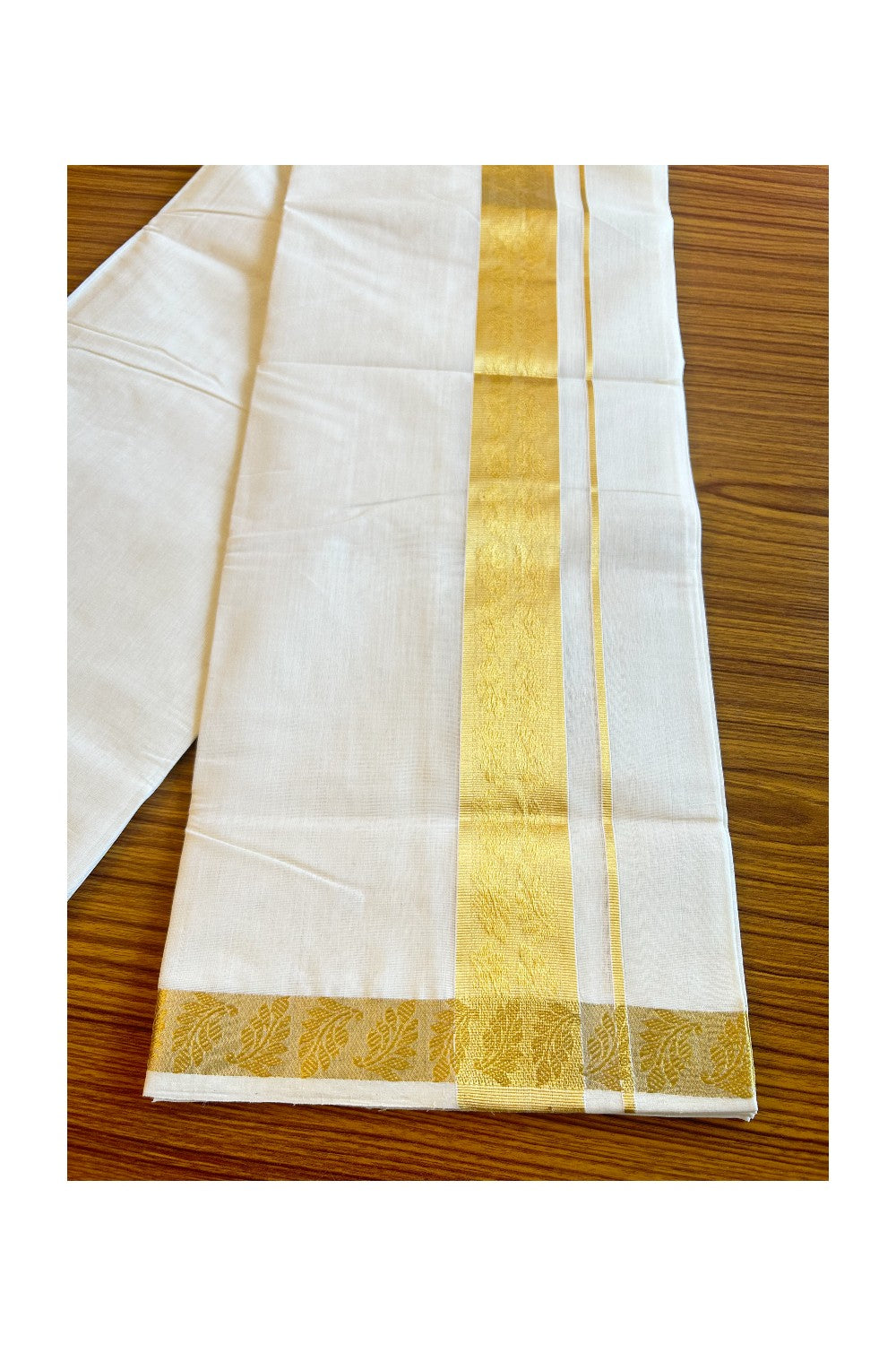 30% DISCOUNT!! KaithariKada HANDLOOM UNAKKUPAAV Balaramapuram - 100% PURE Cotton OFF White (Unbleached) Double Mundu/Dothi - 2.75 Inch Kasavu Leaf designer Kara - 5KK456KK