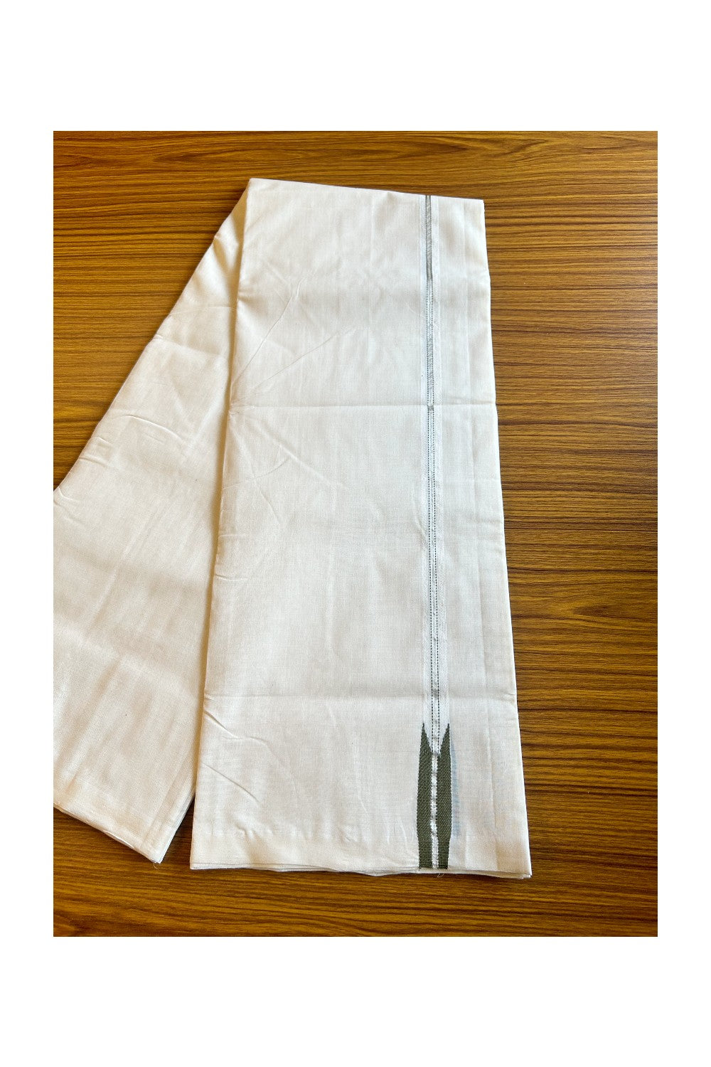 30% DISCOUNT!! KaithariKada HANDLOOM Millpaav Balaramapuram - 100% PURE Cotton OFF White (Unbleached) Double Mundu/Dothi - 0.75 inch Puliyilakkara silver kasavu Olive green chutty - 5KK462RAM