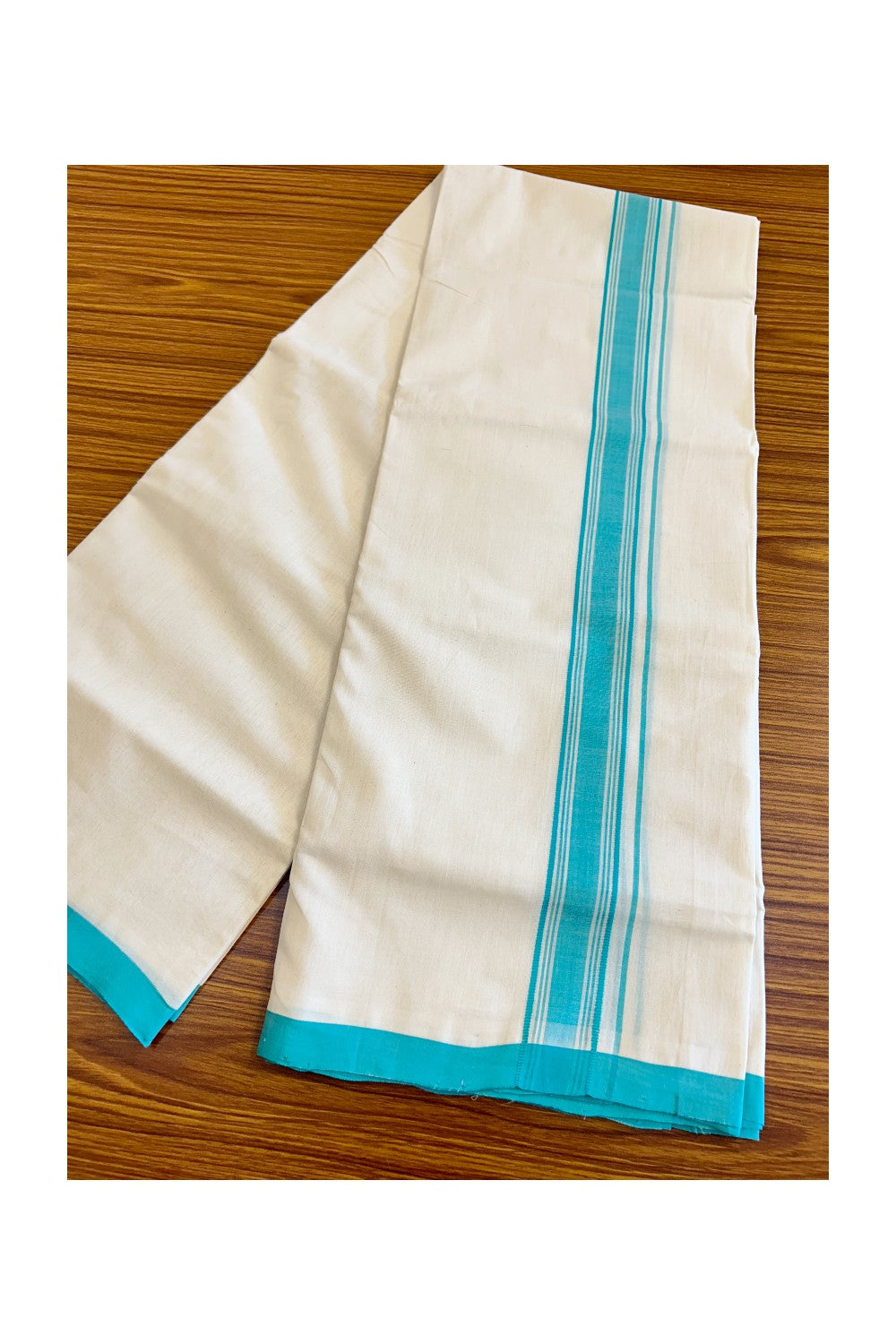 30% DISCOUNT! KaithariKada BALARAMAPURAM HANDLOOM Millpaav - 100% PURE Cotton 100x100 Double Mundu/Dhoti OFF WHITE - (Unbleached) Turquoise blue & white Stripes Kara 3.70 m (8 Muzham) - 5KK469VEL